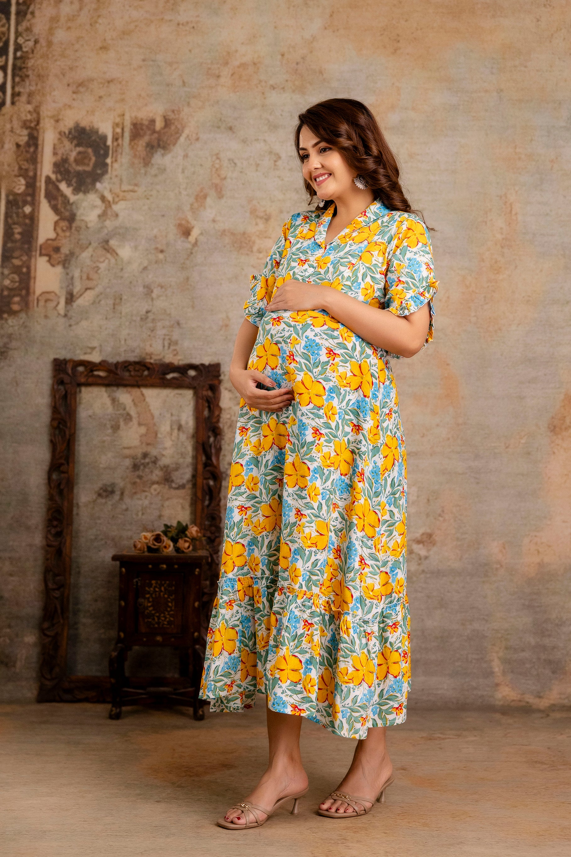 Yellow Floral Pure Cotton Maternity Dress | Feeding Friendly Comfortable Pregnancy Wear - HENAL