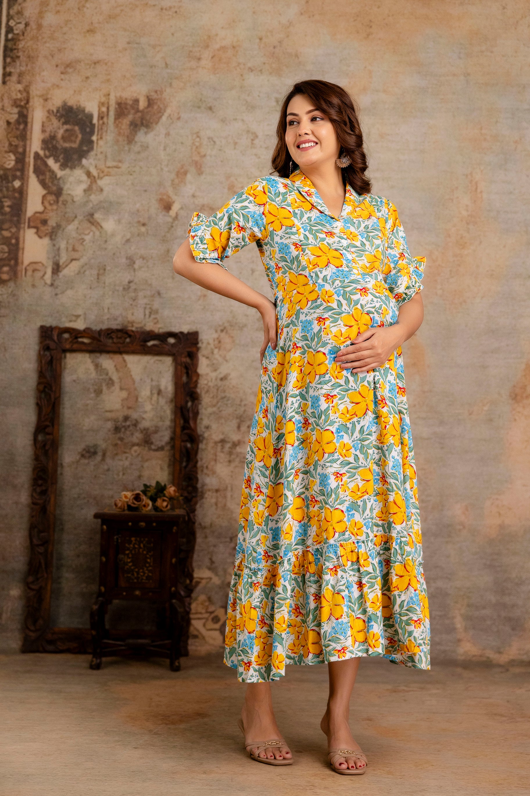 Yellow Floral Pure Cotton Maternity Dress | Feeding Friendly Comfortable Pregnancy Wear - HENAL