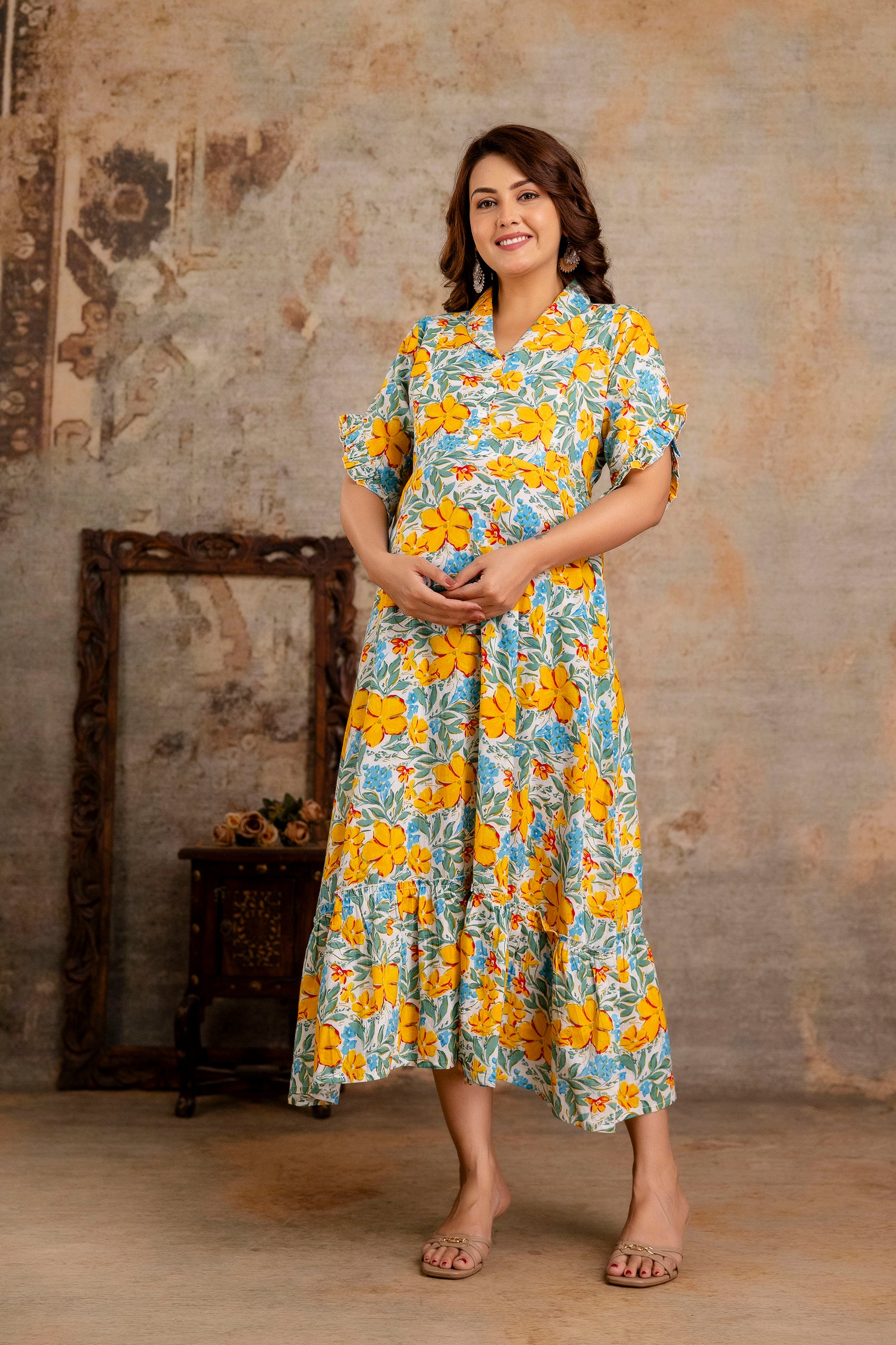 Yellow Floral Pure Cotton Maternity Dress | Feeding Friendly Comfortable Pregnancy Wear - HENAL