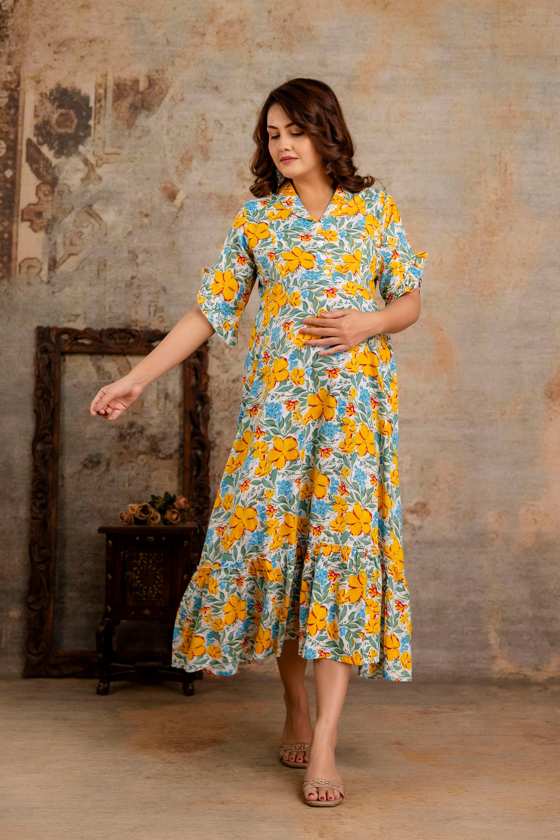 Yellow Floral Pure Cotton Maternity Dress | Feeding Friendly Comfortable Pregnancy Wear - HENAL