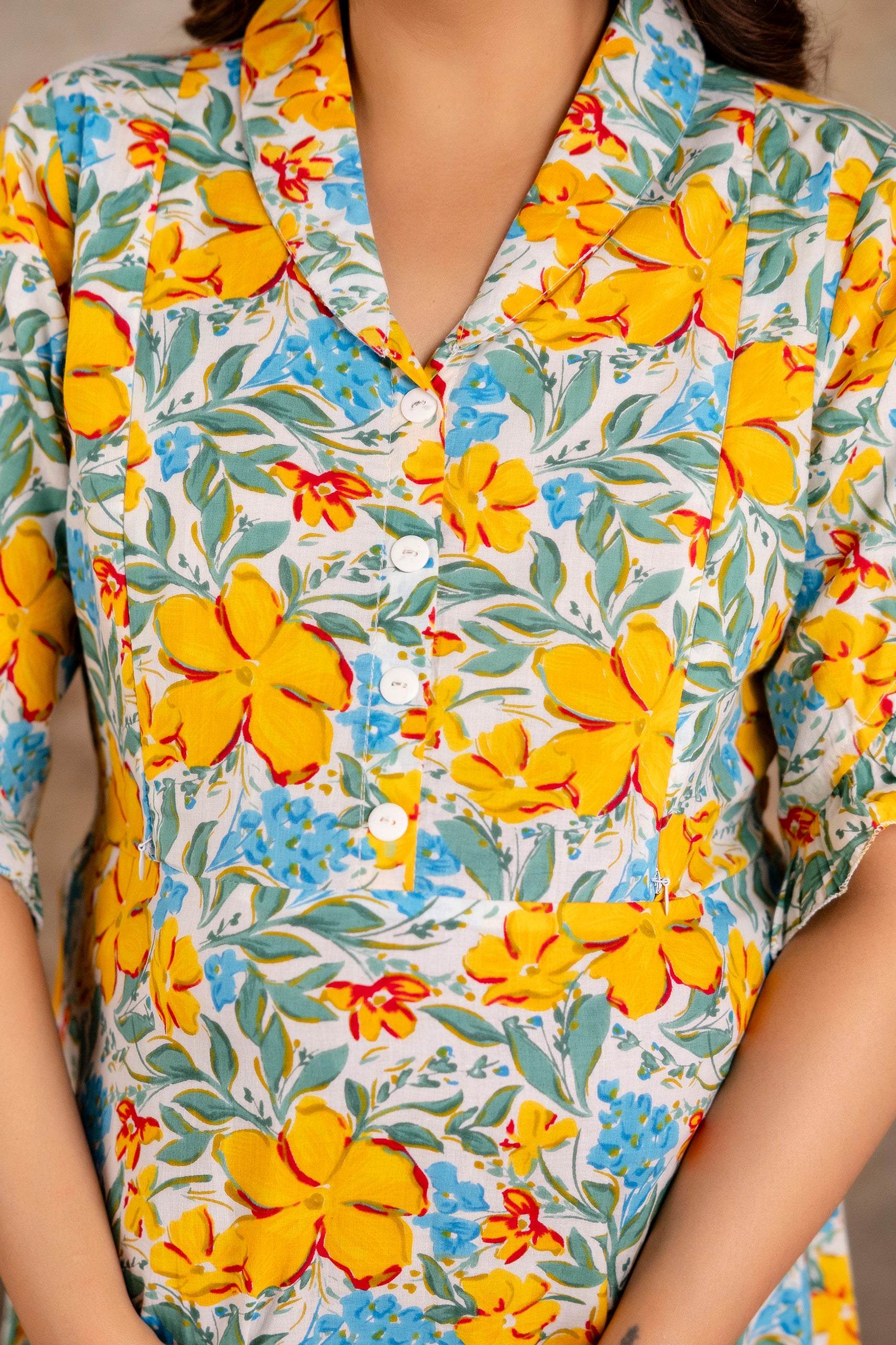 Yellow Floral Pure Cotton Maternity Dress | Feeding Friendly Comfortable Pregnancy Wear - HENAL