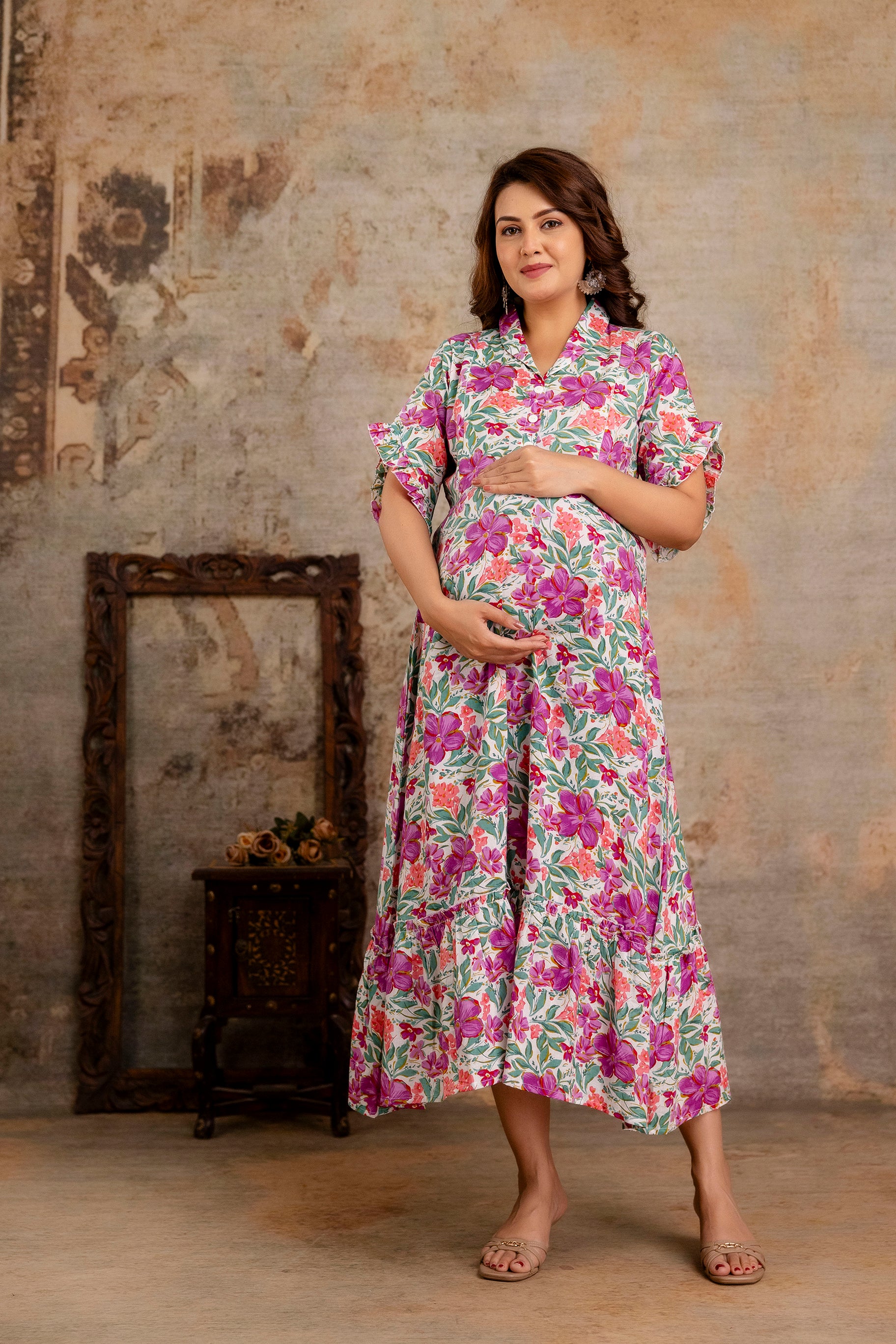 Multicolor Floral Pure Cotton Maternity Dress | Feeding Friendly Comfortable Pregnancy Wear - HENAL