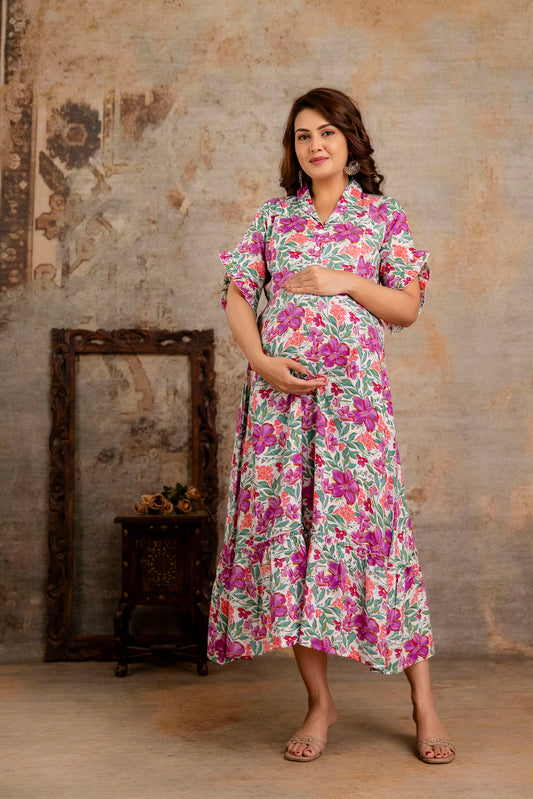 Multicolor Floral Pure Cotton Maternity Dress | Feeding Friendly Comfortable Pregnancy Wear - HENAL