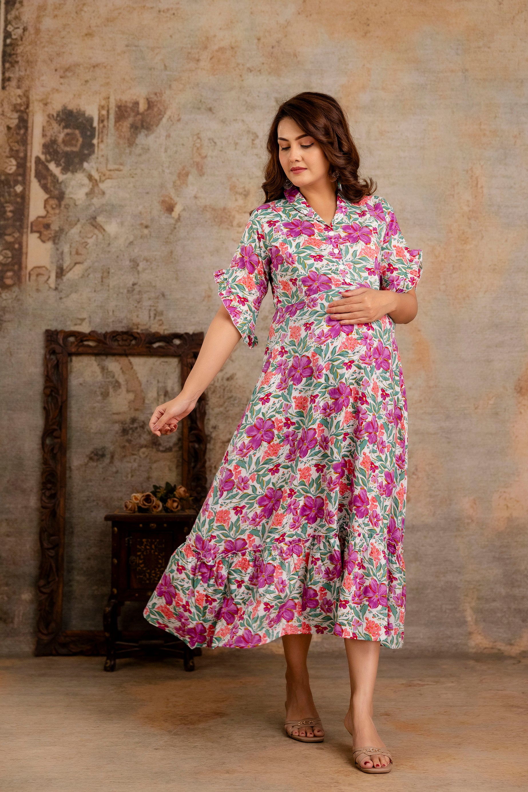 Multicolor Floral Pure Cotton Maternity Dress | Feeding Friendly Comfortable Pregnancy Wear - HENAL