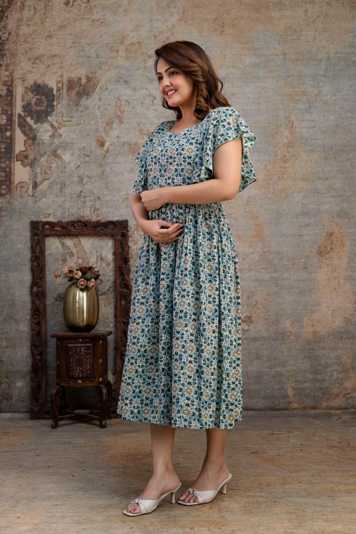 Side view of grey printed nursing dress
