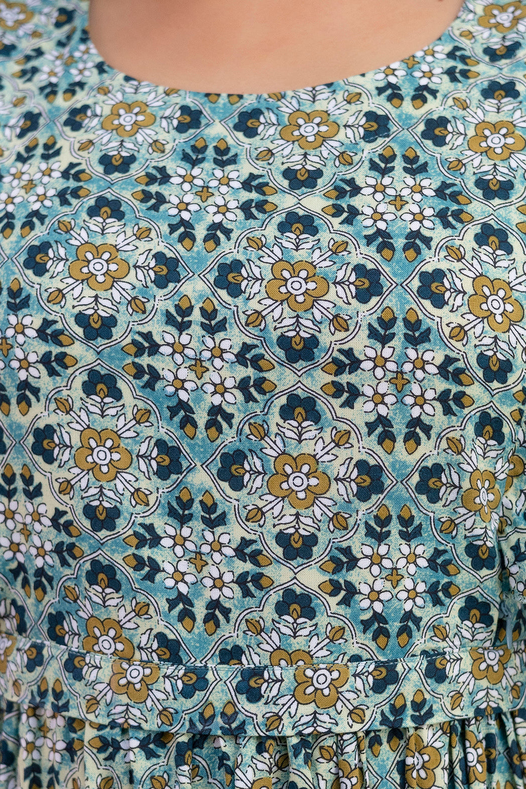 Close-up of the grey dress print and neckline