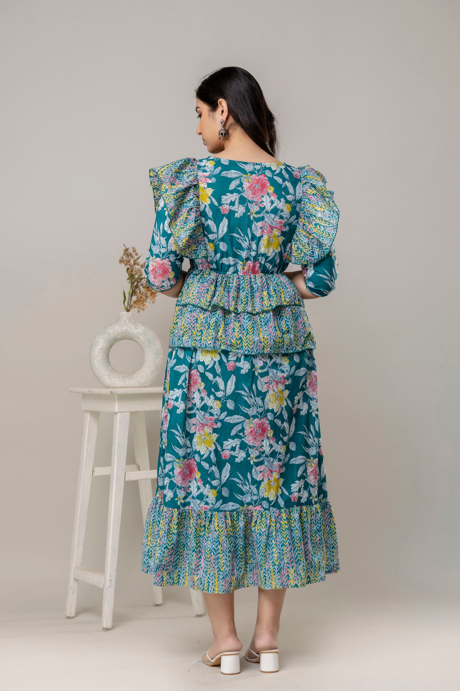 Teal Blue Floral Pure Cotton Maternity Dress | Comfortable & Feeding Friendly Pregnancy Wear - HENAL