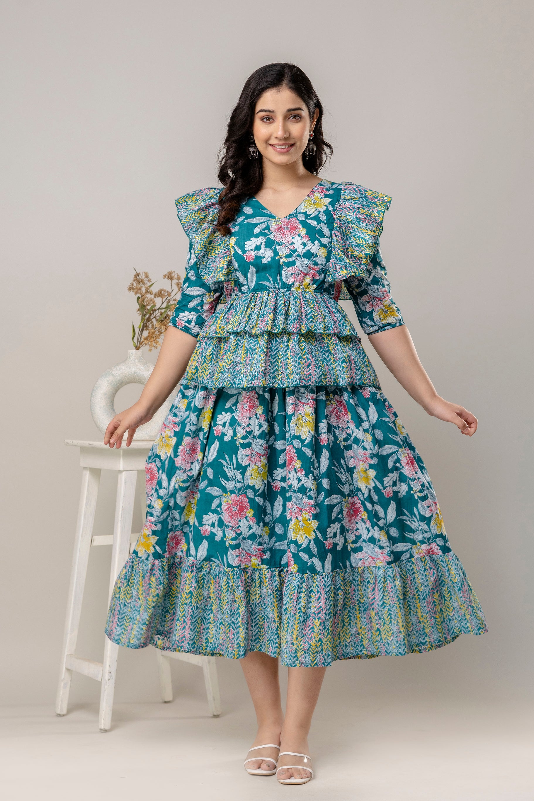 Teal Blue Floral Pure Cotton Maternity Dress | Comfortable & Feeding Friendly Pregnancy Wear - HENAL