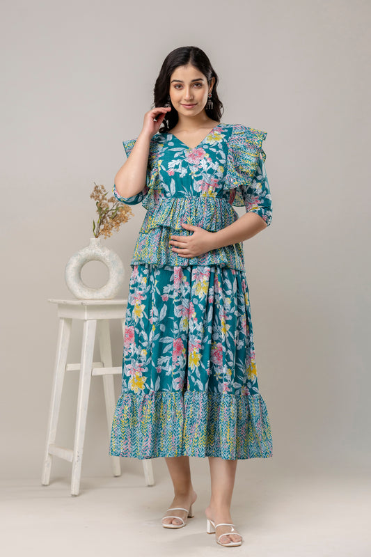 Teal Blue Floral Pure Cotton Maternity Dress | Comfortable & Feeding Friendly Pregnancy Wear - HENAL