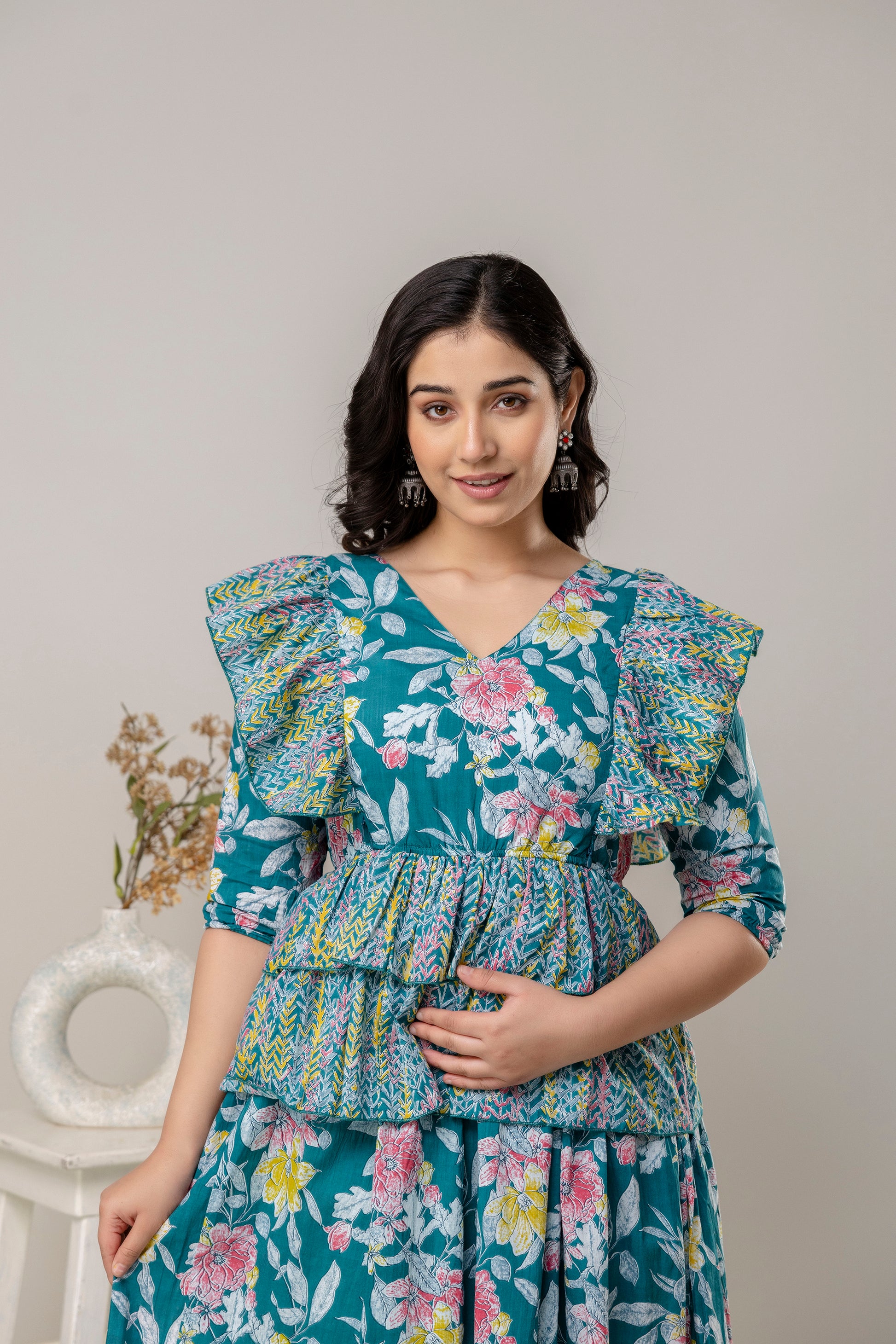 Teal Blue Floral Pure Cotton Maternity Dress | Comfortable & Feeding Friendly Pregnancy Wear - HENAL