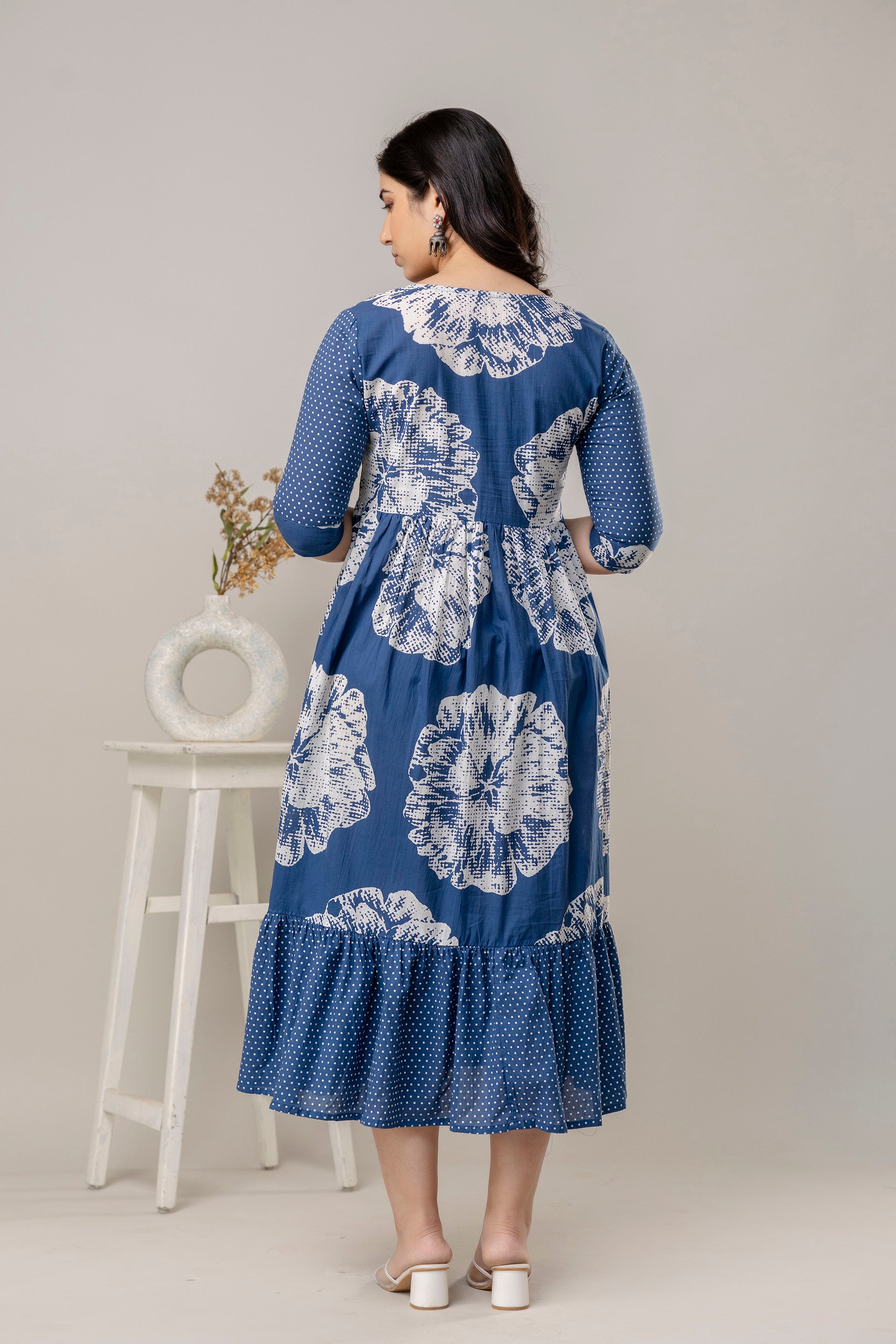 Navy Blue Printed Pure Cotton Maternity Dress | Feeding Friendly Comfortable Pregnancy Wear - HENAL