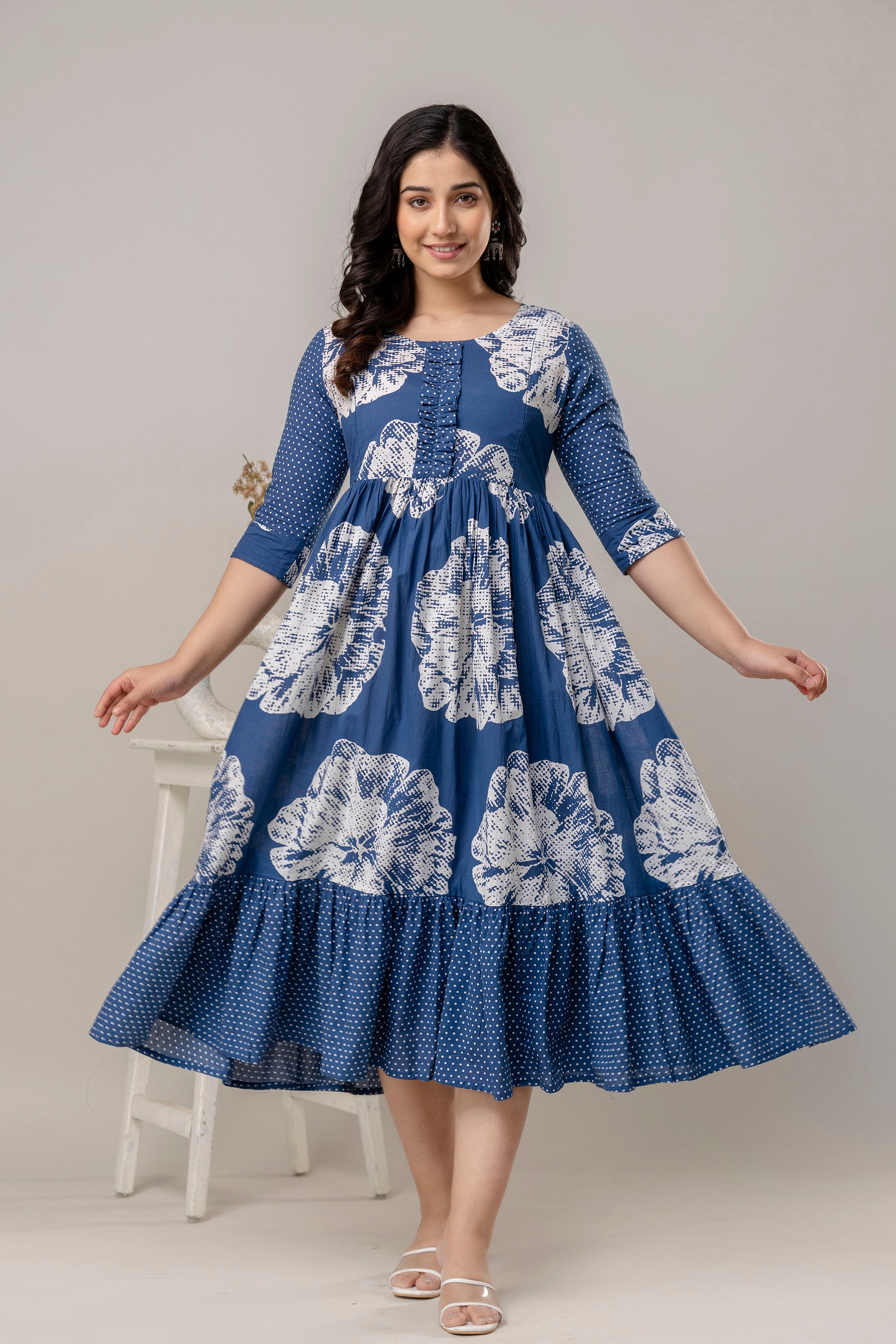 Navy Blue Printed Pure Cotton Maternity Dress | Feeding Friendly Comfortable Pregnancy Wear - HENAL