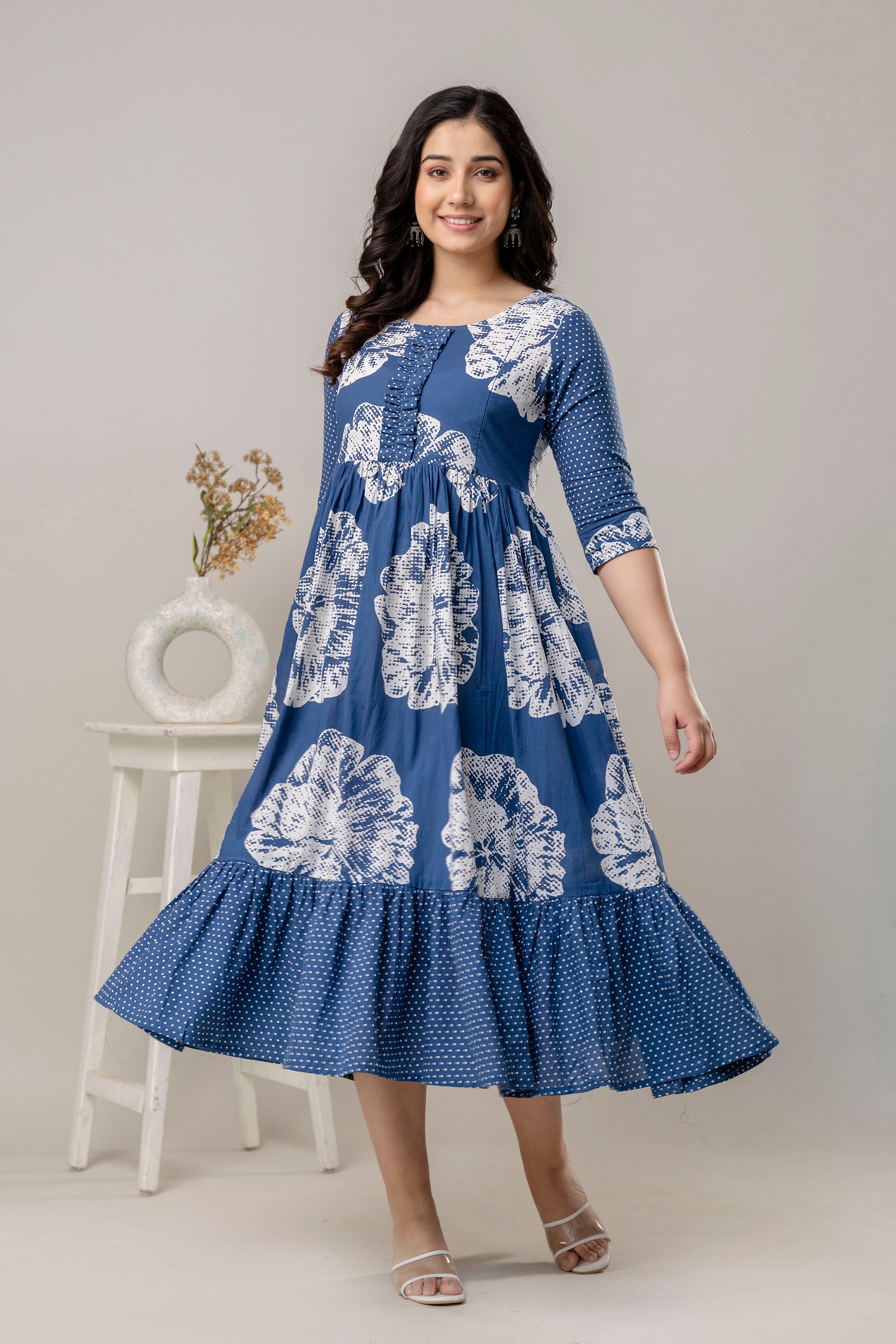 Navy Blue Printed Pure Cotton Maternity Dress | Feeding Friendly Comfortable Pregnancy Wear - HENAL