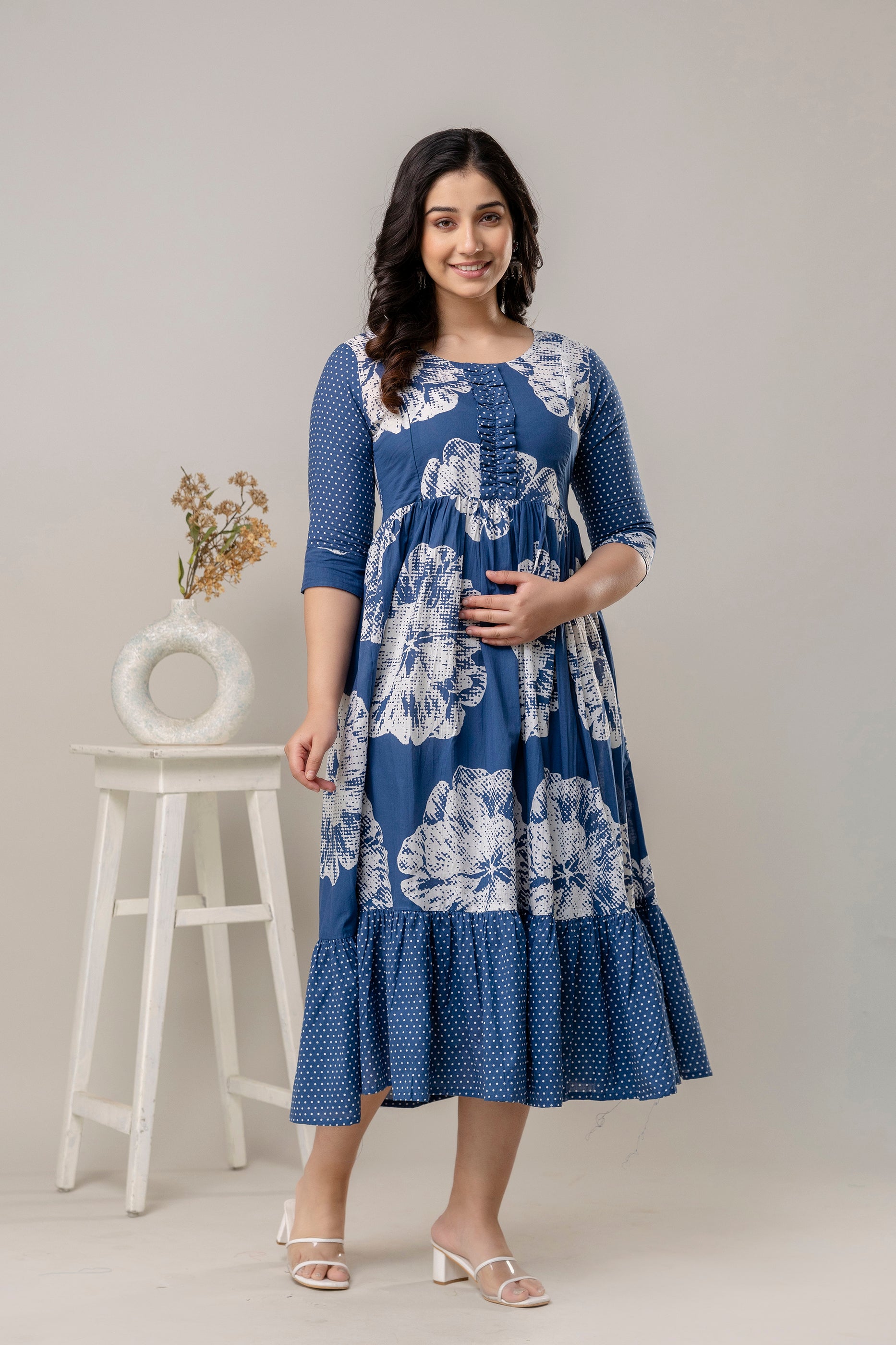 Navy Blue Printed Pure Cotton Maternity Dress | Feeding Friendly Comfortable Pregnancy Wear - HENAL