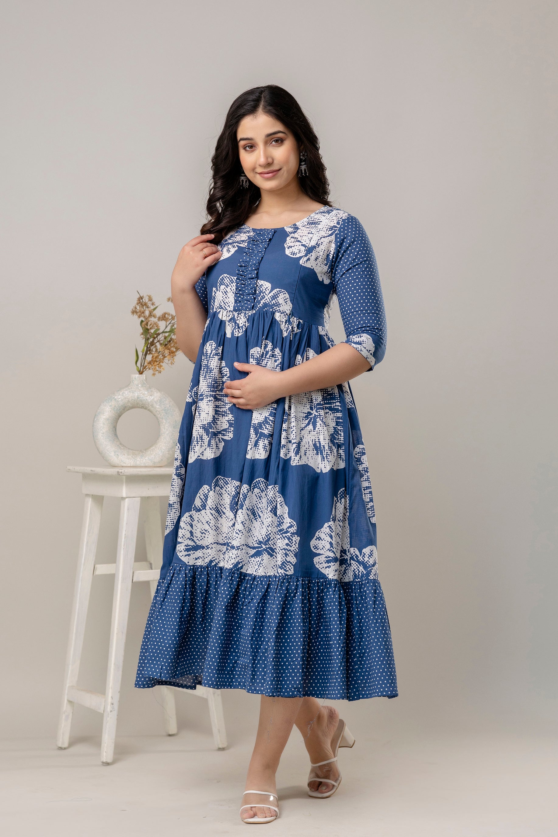 Navy Blue Printed Pure Cotton Maternity Dress | Feeding Friendly Comfortable Pregnancy Wear - HENAL