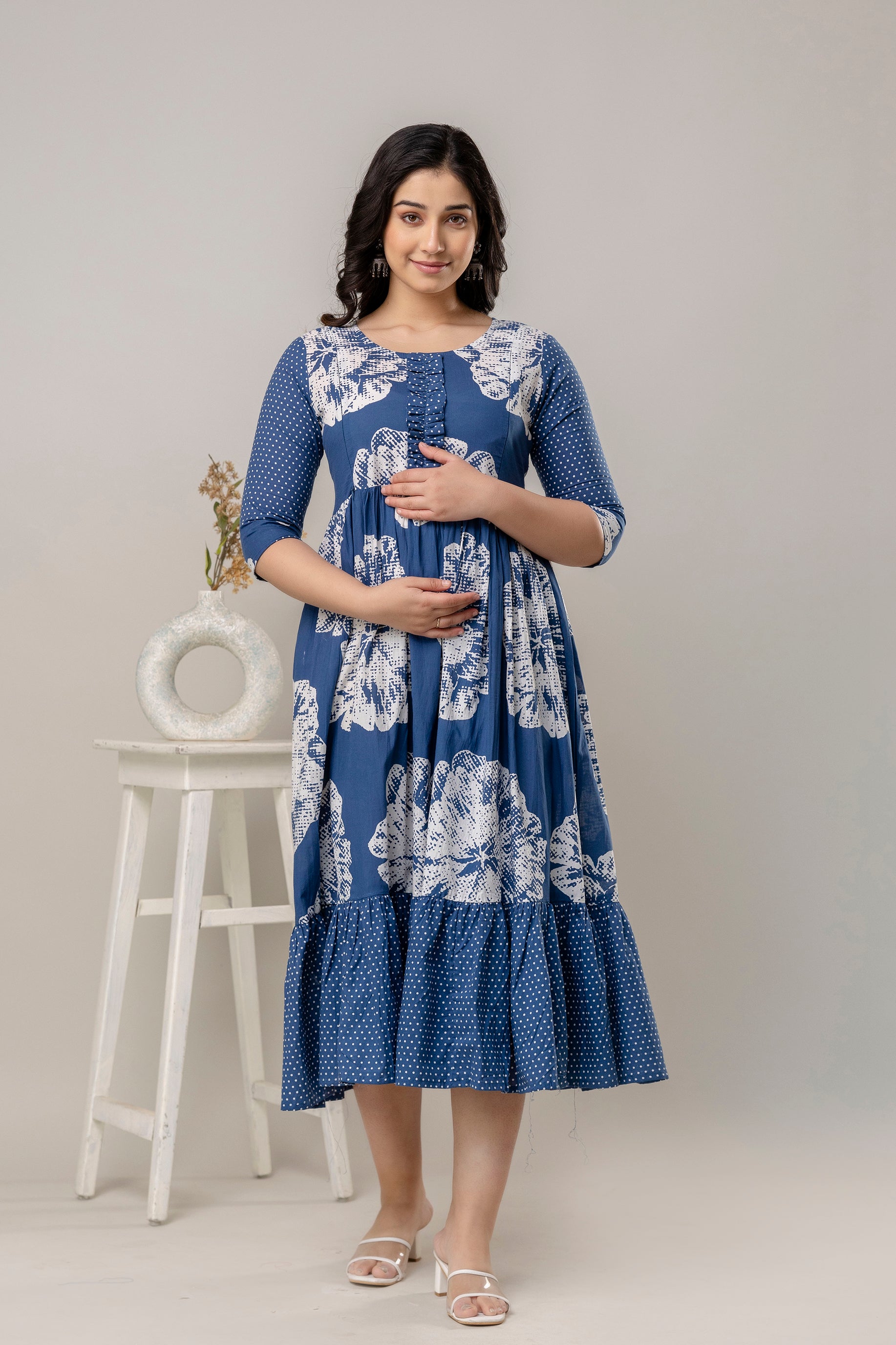 Navy Blue Printed Pure Cotton Maternity Dress | Feeding Friendly Comfortable Pregnancy Wear - HENAL