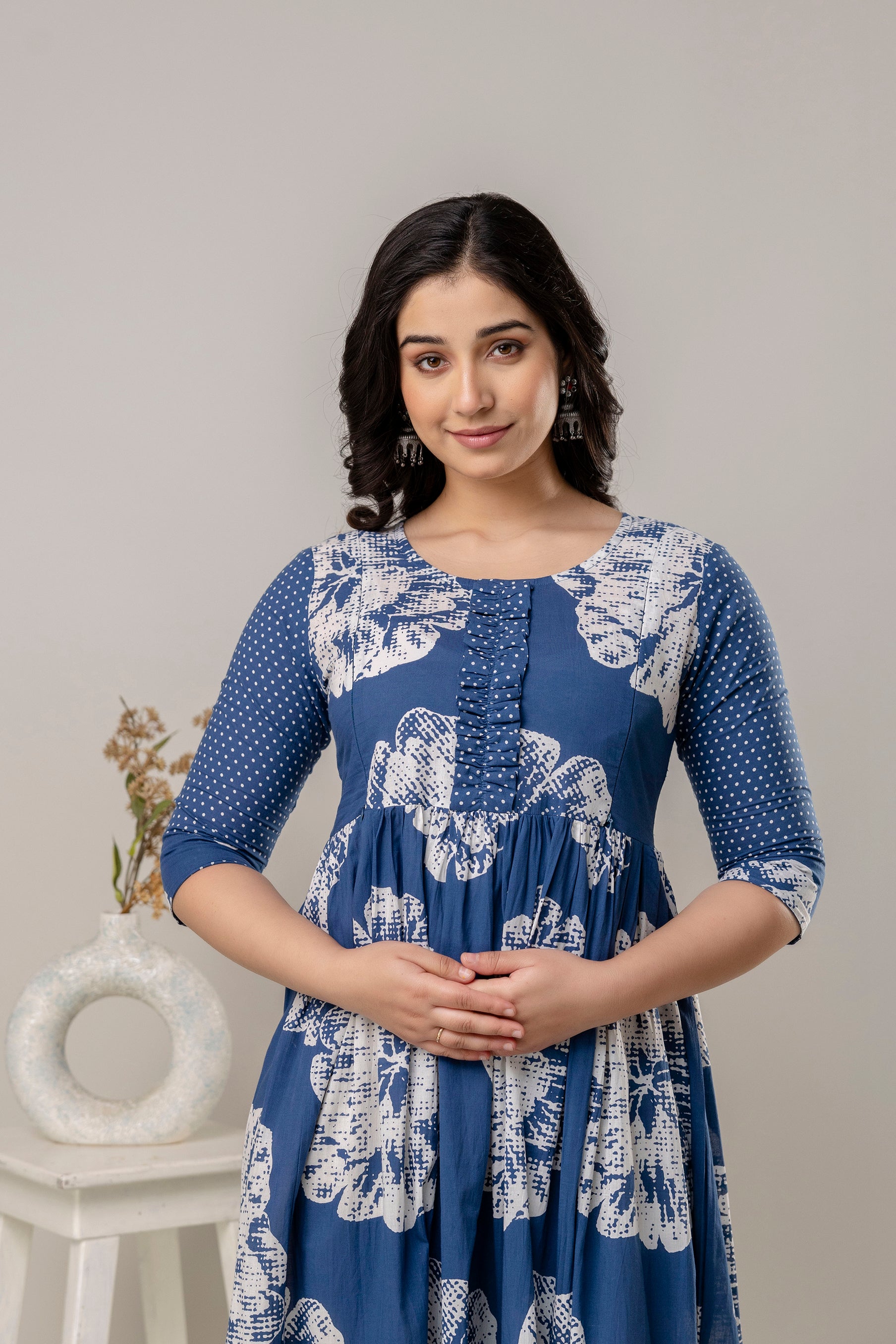 Navy Blue Printed Pure Cotton Maternity Dress | Feeding Friendly Comfortable Pregnancy Wear - HENAL