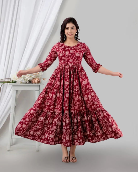 Henal Maroon Floral Cotton Maternity Dress – Elegant & Bump-Friendly