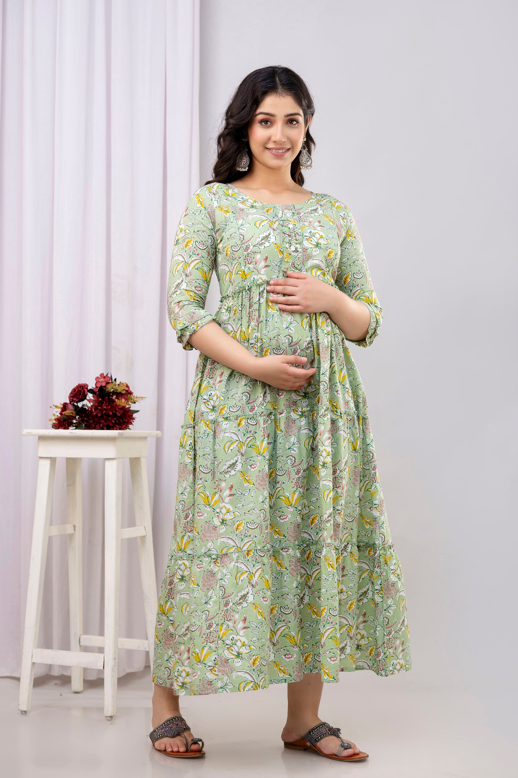 Pure Cotton Green Printed Maternity Long Dress | Soft & Breathable Nursing Wear for Women - HENAL