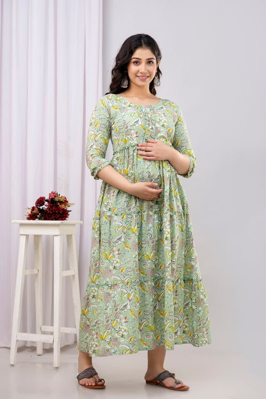 Pure Cotton Green Printed Maternity Long Dress | Soft & Breathable Nursing Wear for Women - HENAL