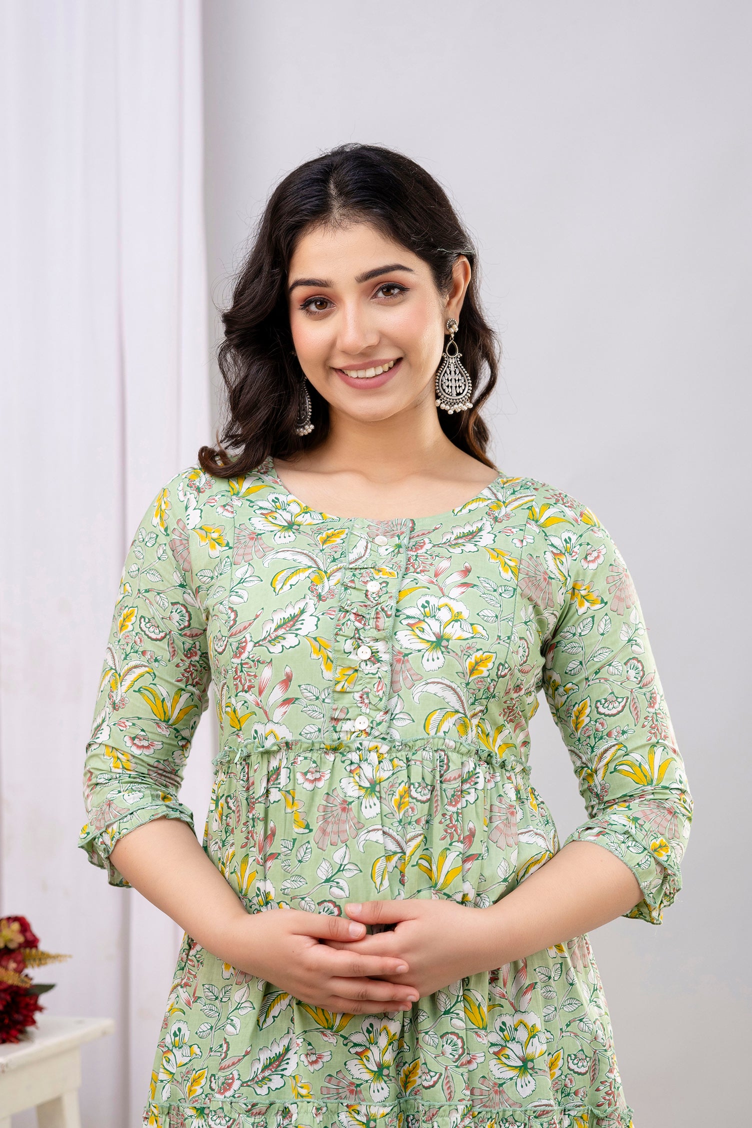 Pure Cotton Green Printed Maternity Long Dress | Soft & Breathable Nursing Wear for Women - HENAL