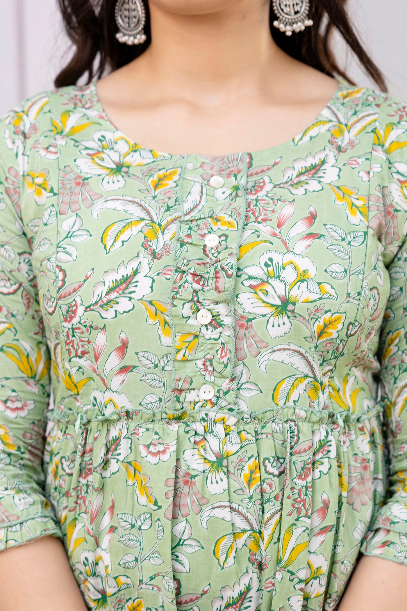 Pure Cotton Green Printed Maternity Long Dress | Soft & Breathable Nursing Wear for Women - HENAL