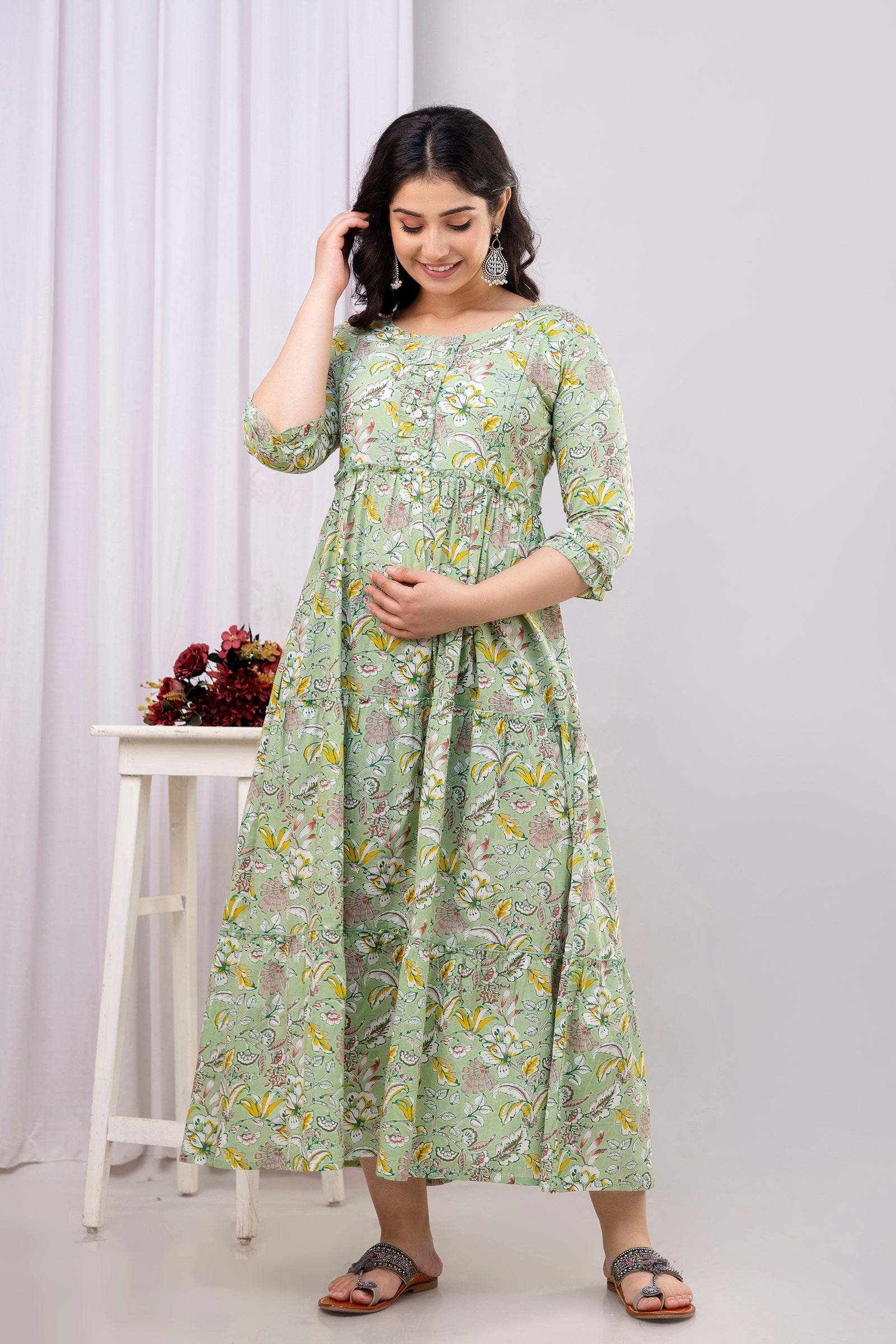 Pure Cotton Green Printed Maternity Long Dress | Soft & Breathable Nursing Wear for Women - HENAL