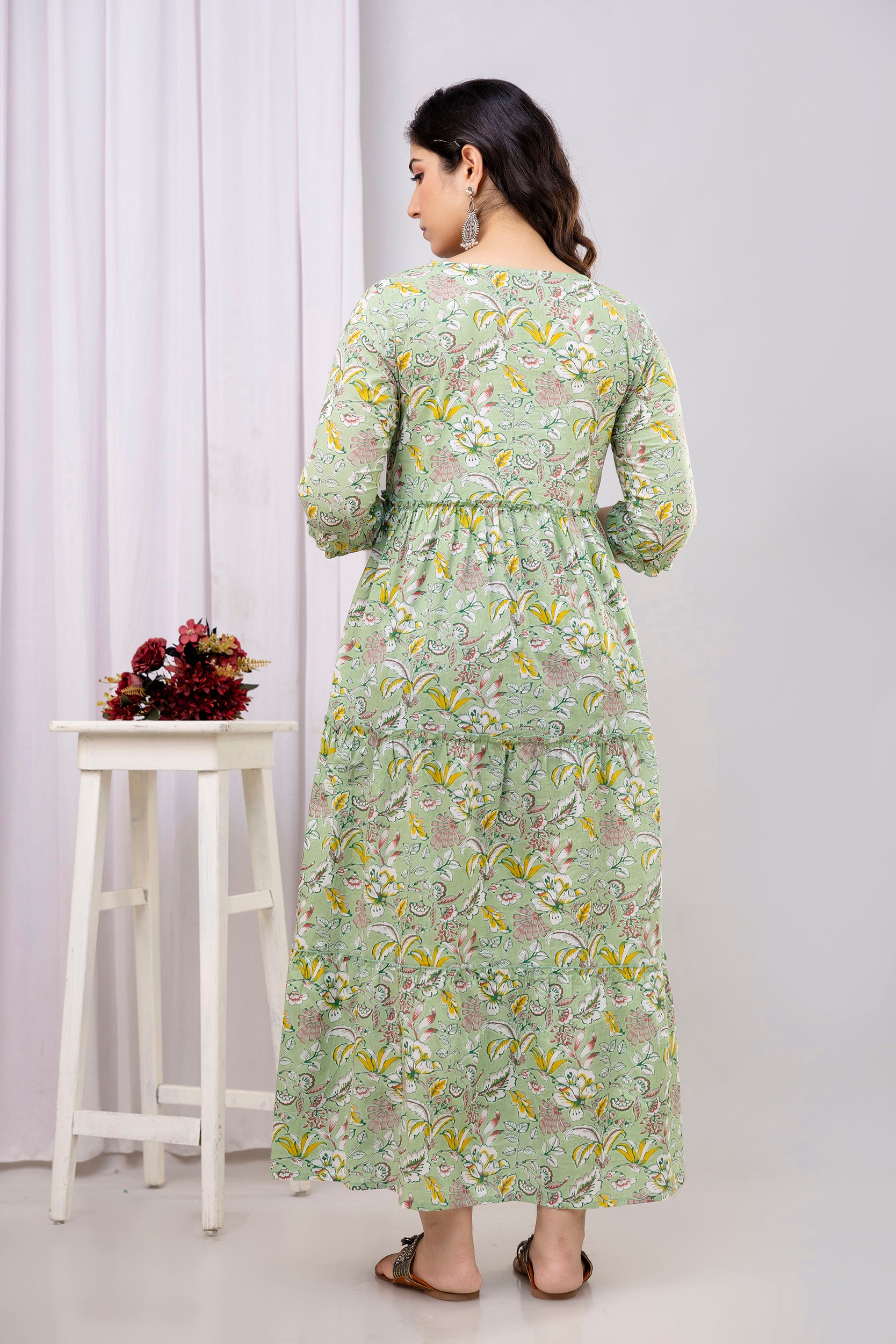 Pure Cotton Green Printed Maternity Long Dress | Soft & Breathable Nursing Wear for Women - HENAL