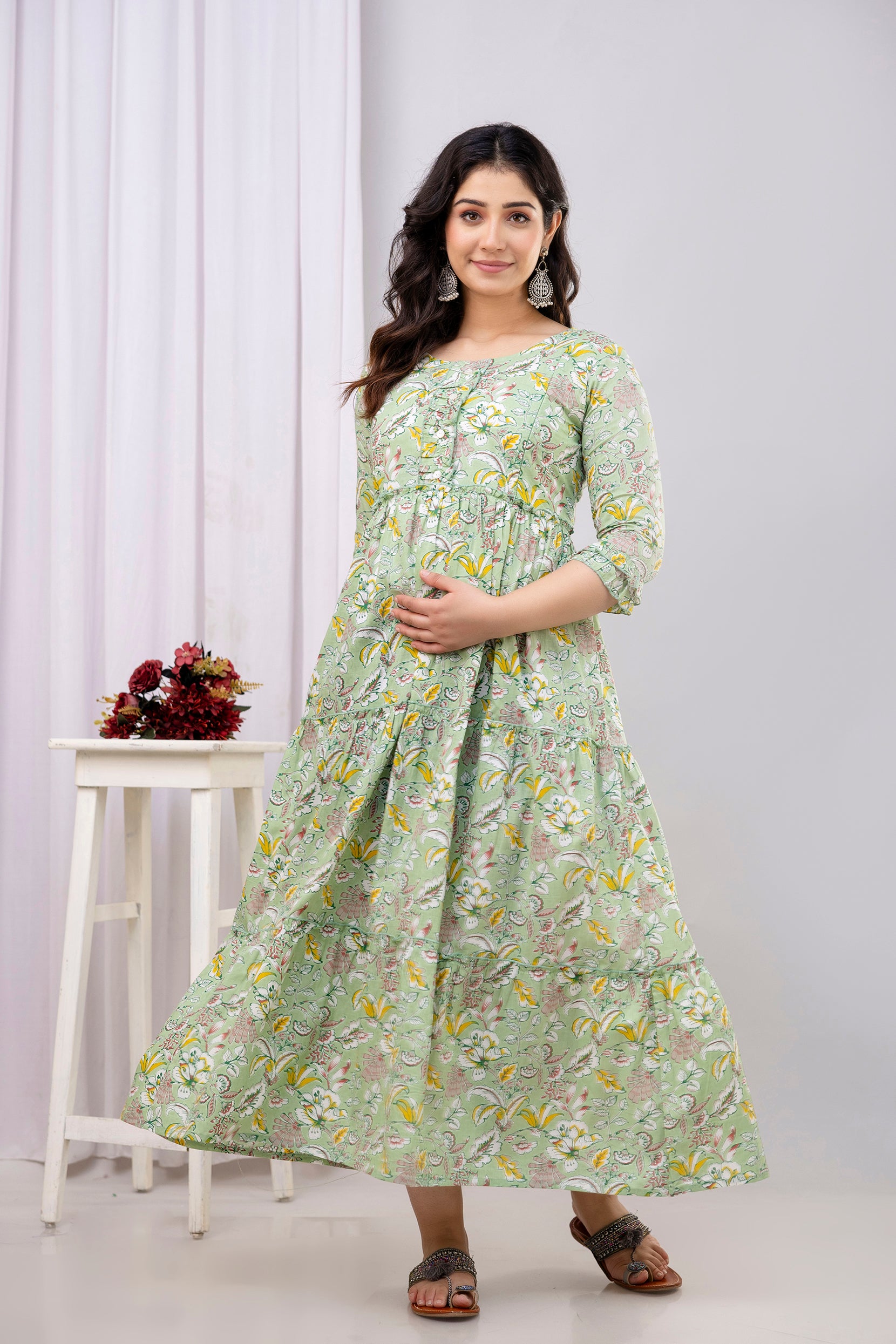 Pure Cotton Green Printed Maternity Long Dress | Soft & Breathable Nursing Wear for Women - HENAL