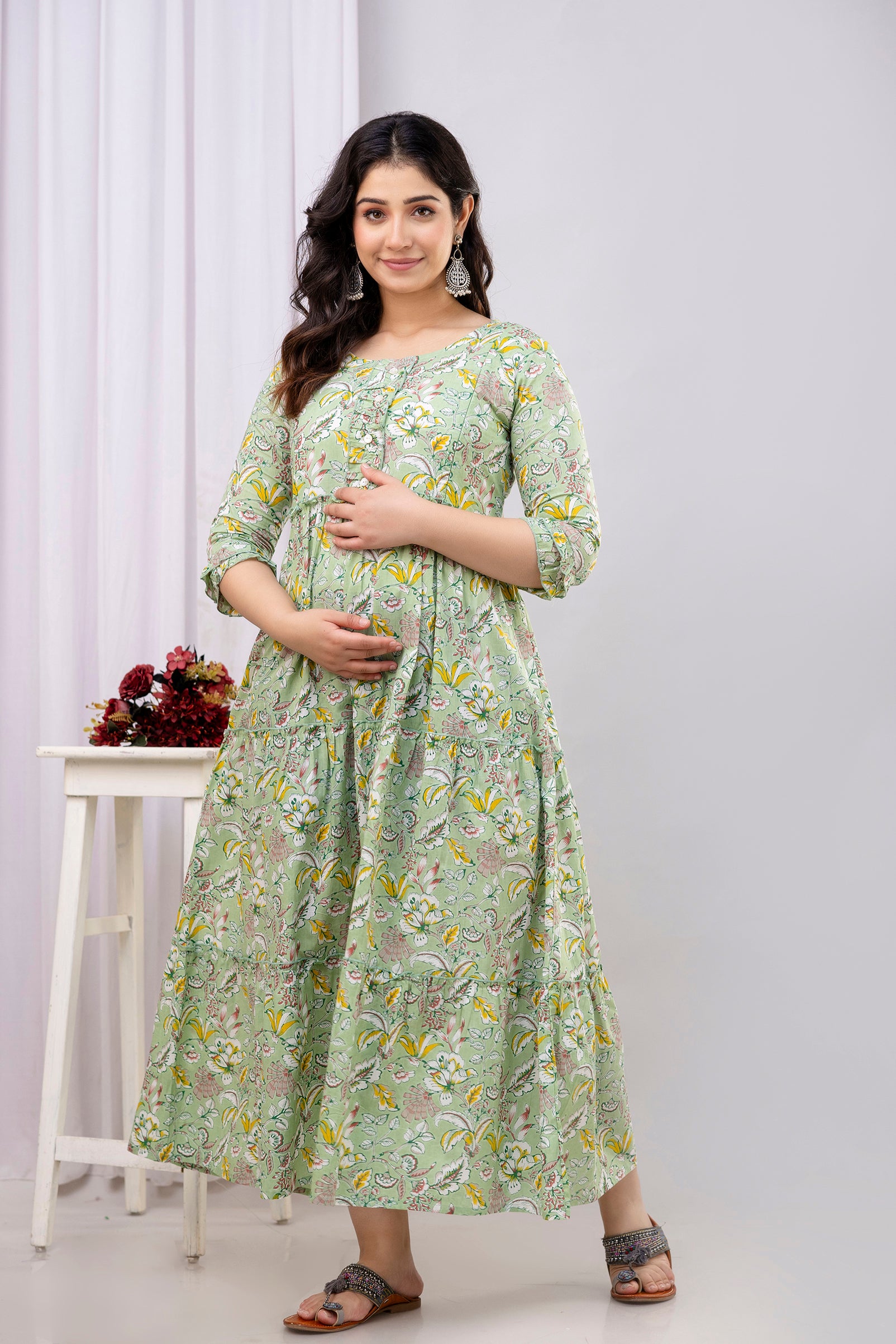 Pure Cotton Green Printed Maternity Long Dress | Soft & Breathable Nursing Wear for Women - HENAL