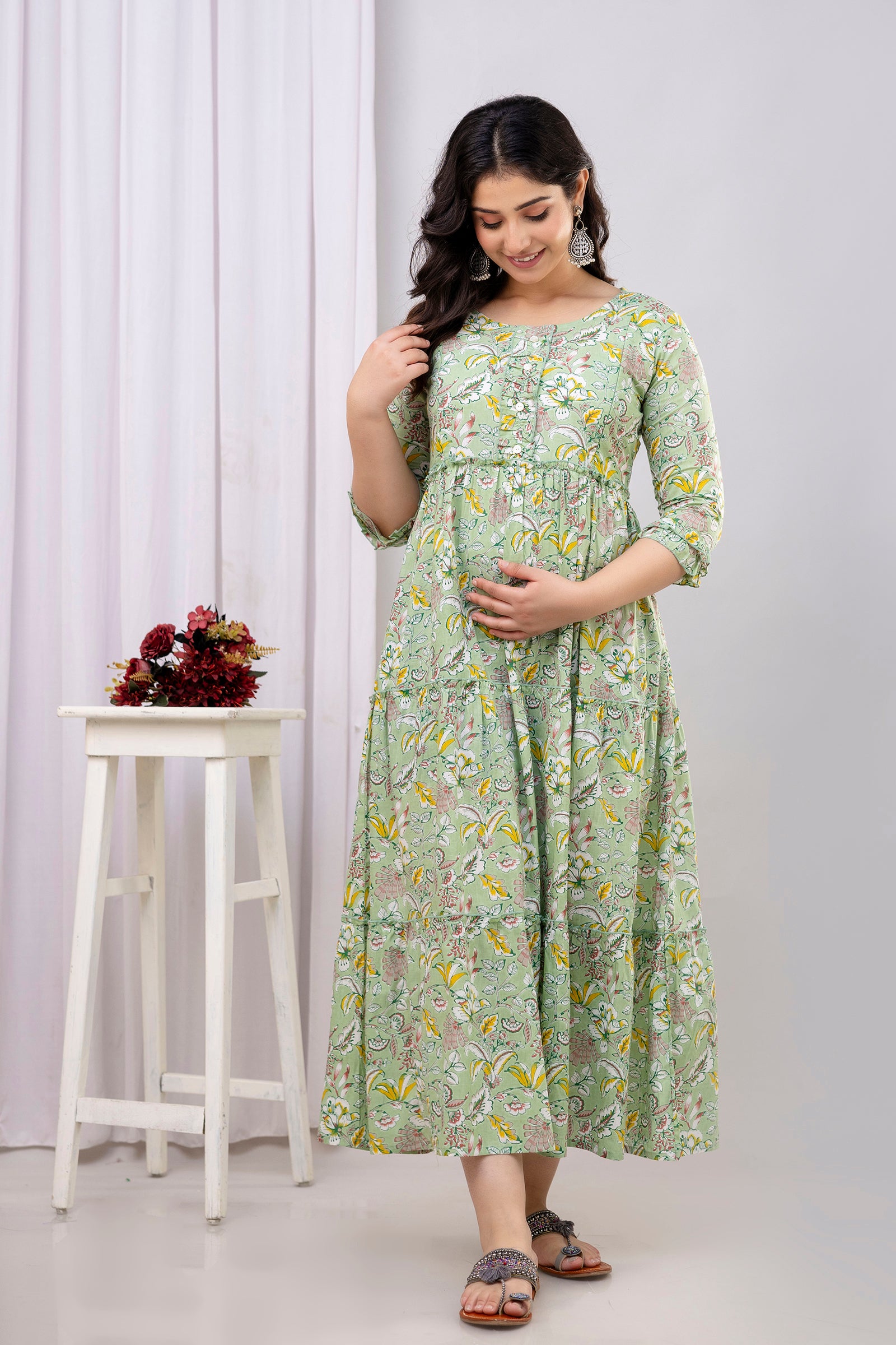Pure Cotton Green Printed Maternity Long Dress | Soft & Breathable Nursing Wear for Women - HENAL