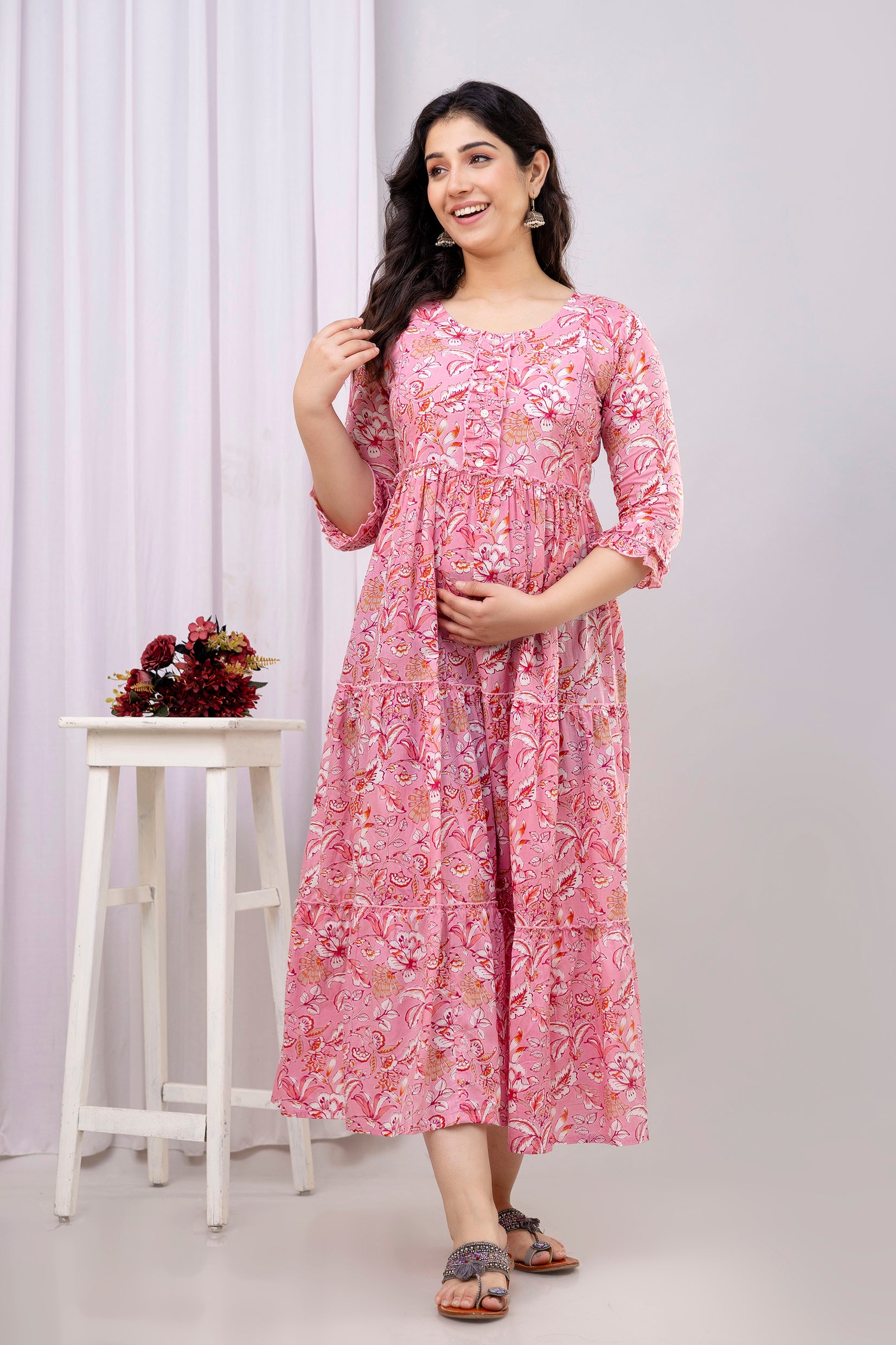 Pink Floral Pure Cotton Maternity Dress | Feeding Friendly Comfortable Pregnancy Wear - HENAL