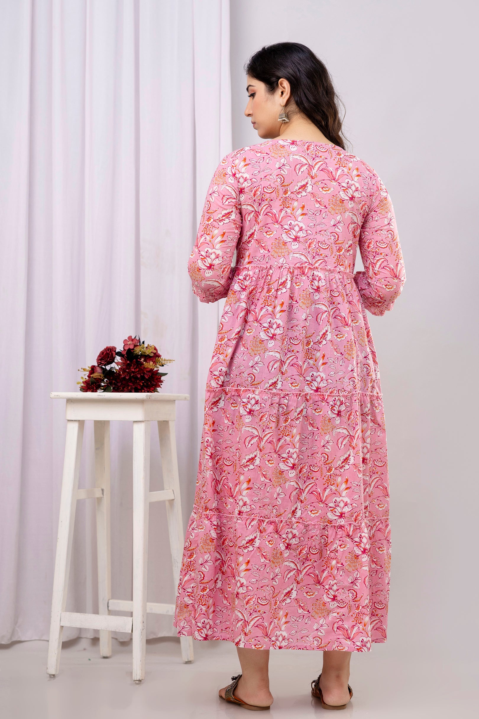 Pink Floral Pure Cotton Maternity Dress | Feeding Friendly Comfortable Pregnancy Wear - HENAL