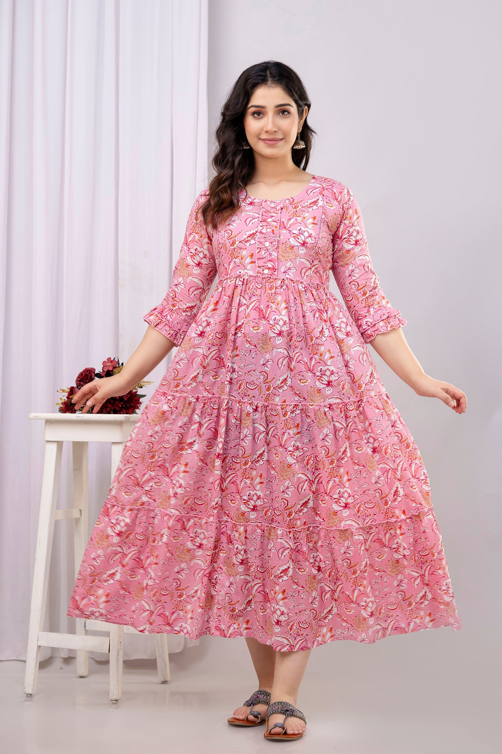 Pink Floral Pure Cotton Maternity Dress | Feeding Friendly Comfortable Pregnancy Wear - HENAL