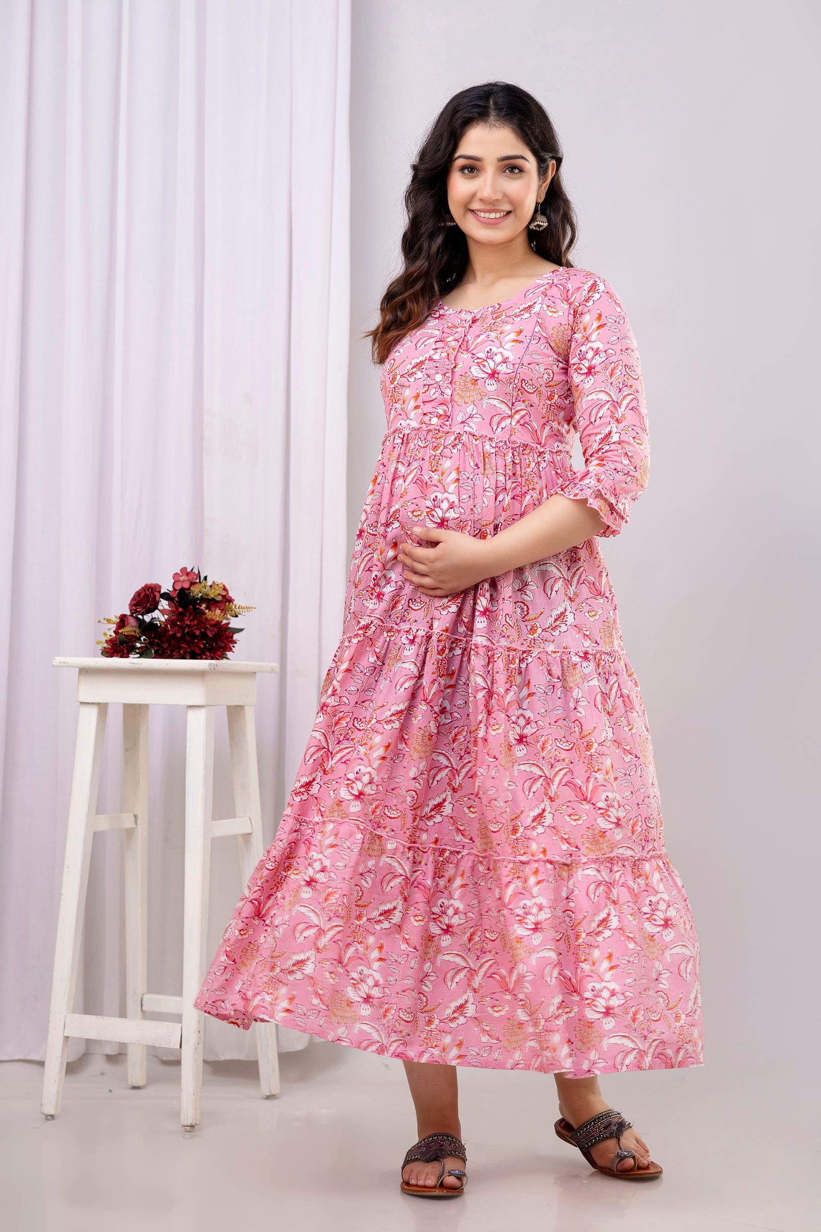 Pink Floral Pure Cotton Maternity Dress | Feeding Friendly Comfortable Pregnancy Wear - HENAL