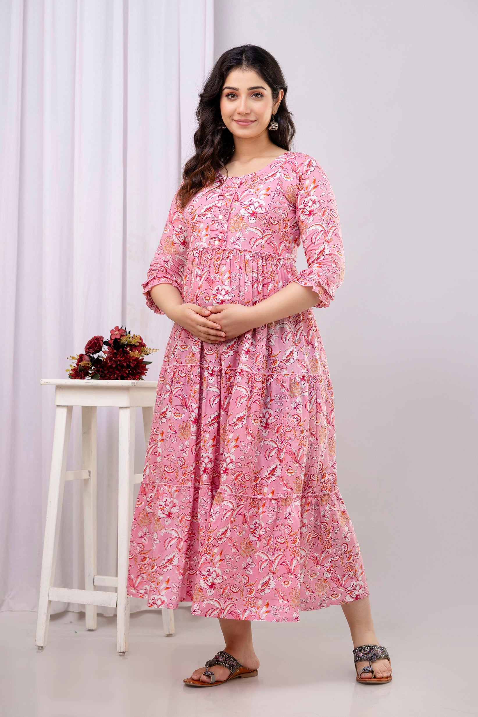 Pink Floral Pure Cotton Maternity Dress | Feeding Friendly Comfortable Pregnancy Wear - HENAL