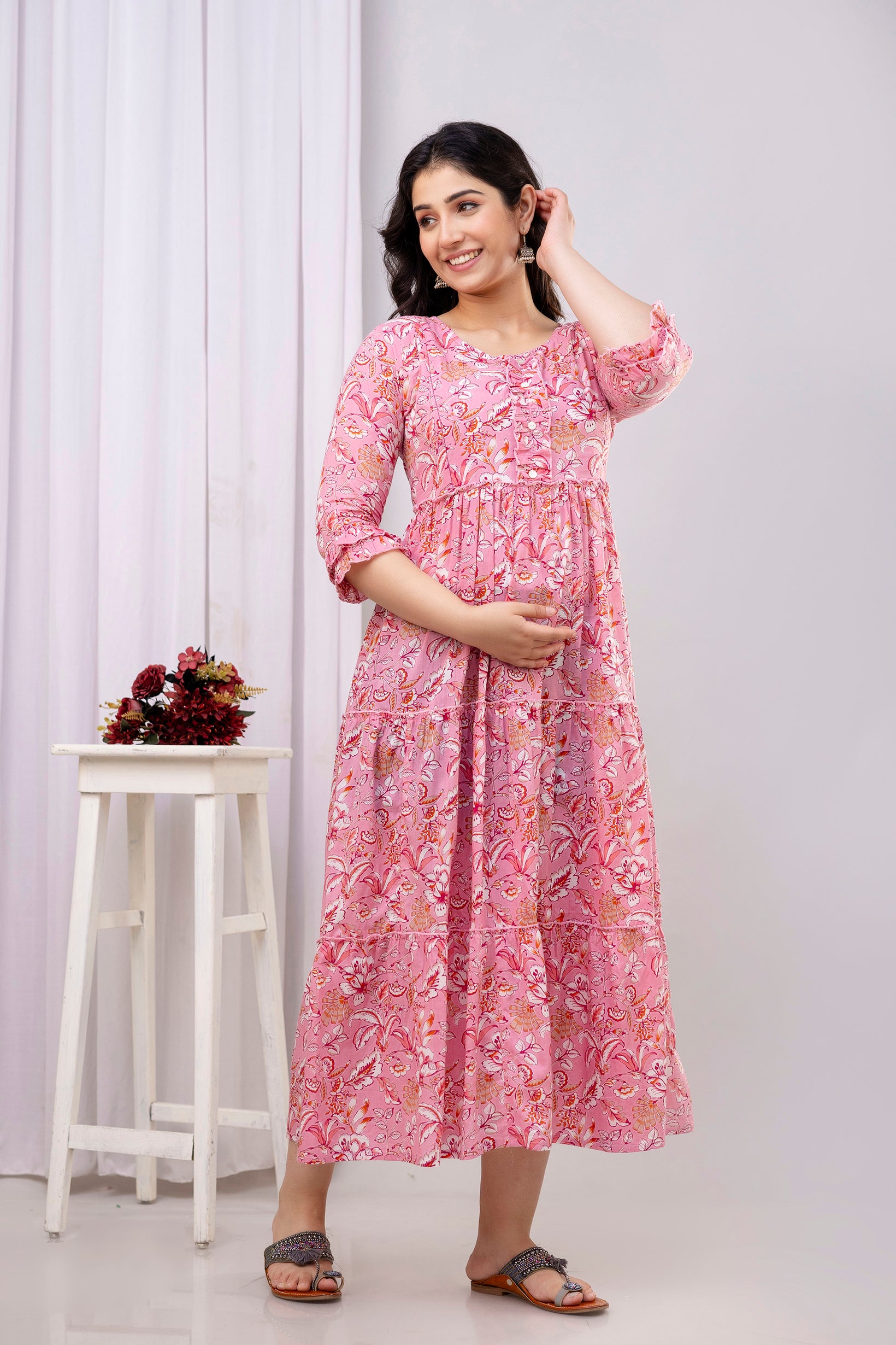 Pink Floral Pure Cotton Maternity Dress | Feeding Friendly Comfortable Pregnancy Wear - HENAL