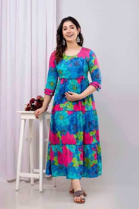 Henal Blue Multicolor Floral Cotton Maternity Dress – Bold & Breezy Pregnancy Maxi