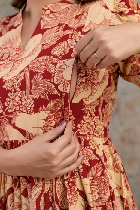 Henal Women’s Red & Beige Floral Cotton Maternity Dress | Elegant Feeding-Friendly Maxi