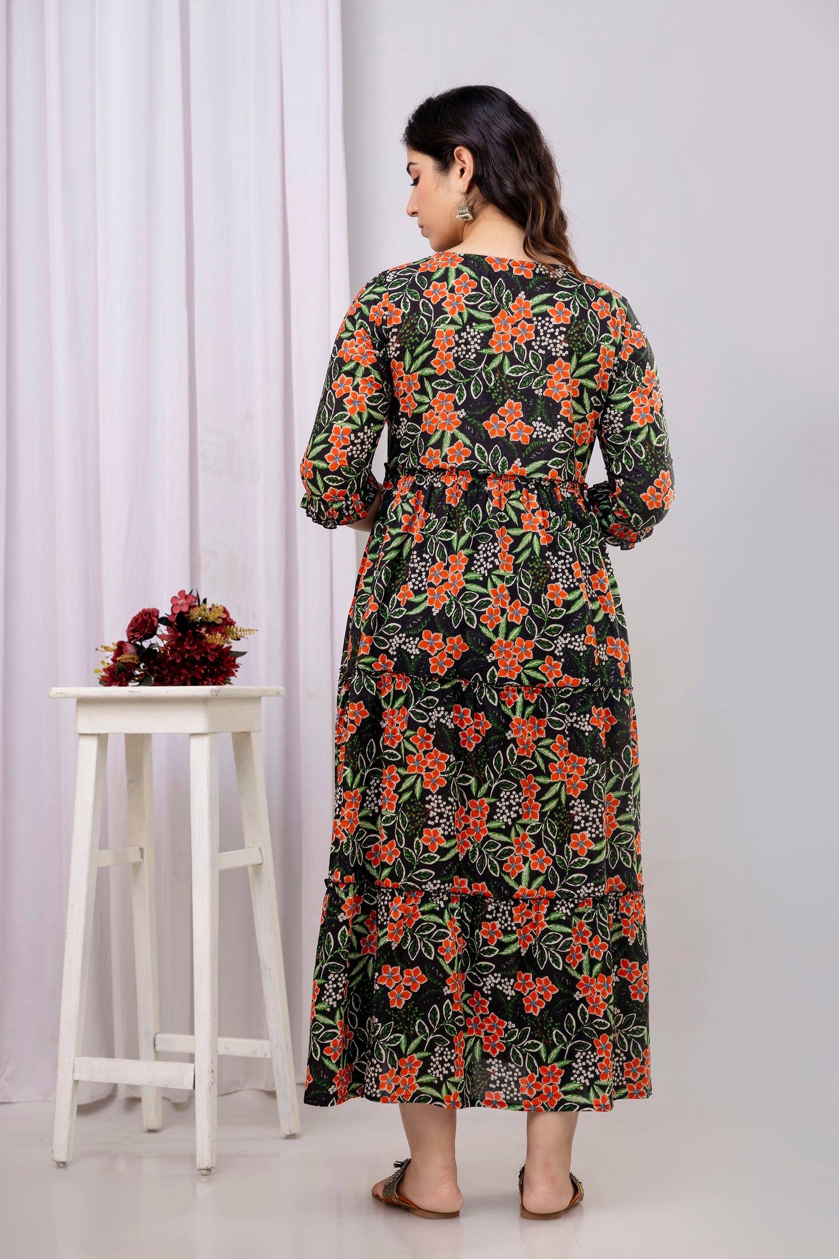Black Floral Pure Cotton Maternity Dress | Feeding Friendly Comfortable Pregnancy Wear - HENAL