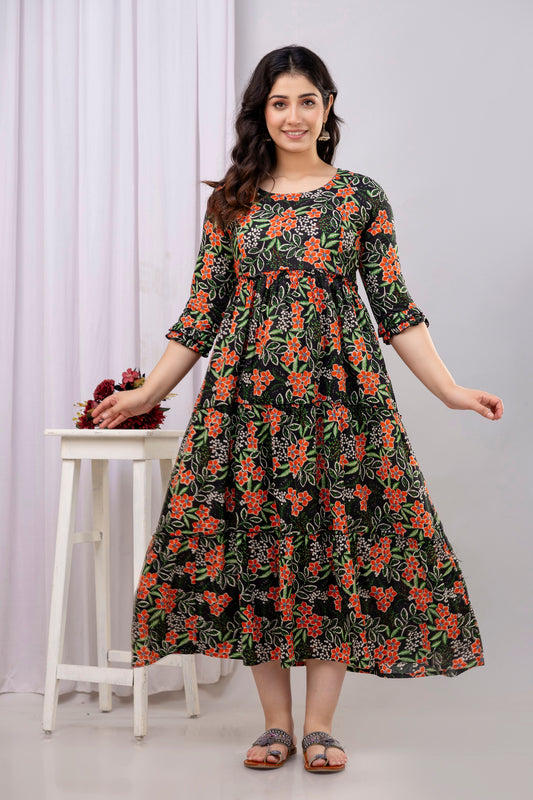 Black Floral Pure Cotton Maternity Dress | Feeding Friendly Comfortable Pregnancy Wear - HENAL