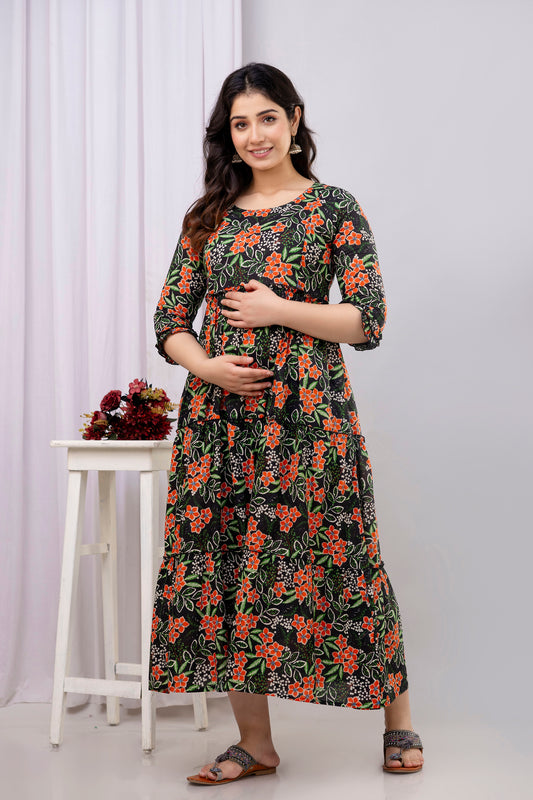Black Floral Pure Cotton Maternity Dress | Feeding Friendly Comfortable Pregnancy Wear - HENAL