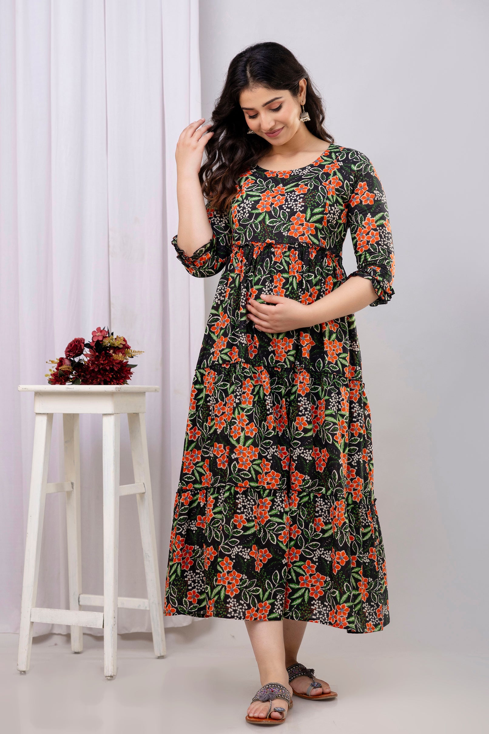 Black Floral Pure Cotton Maternity Dress | Feeding Friendly Comfortable Pregnancy Wear - HENAL
