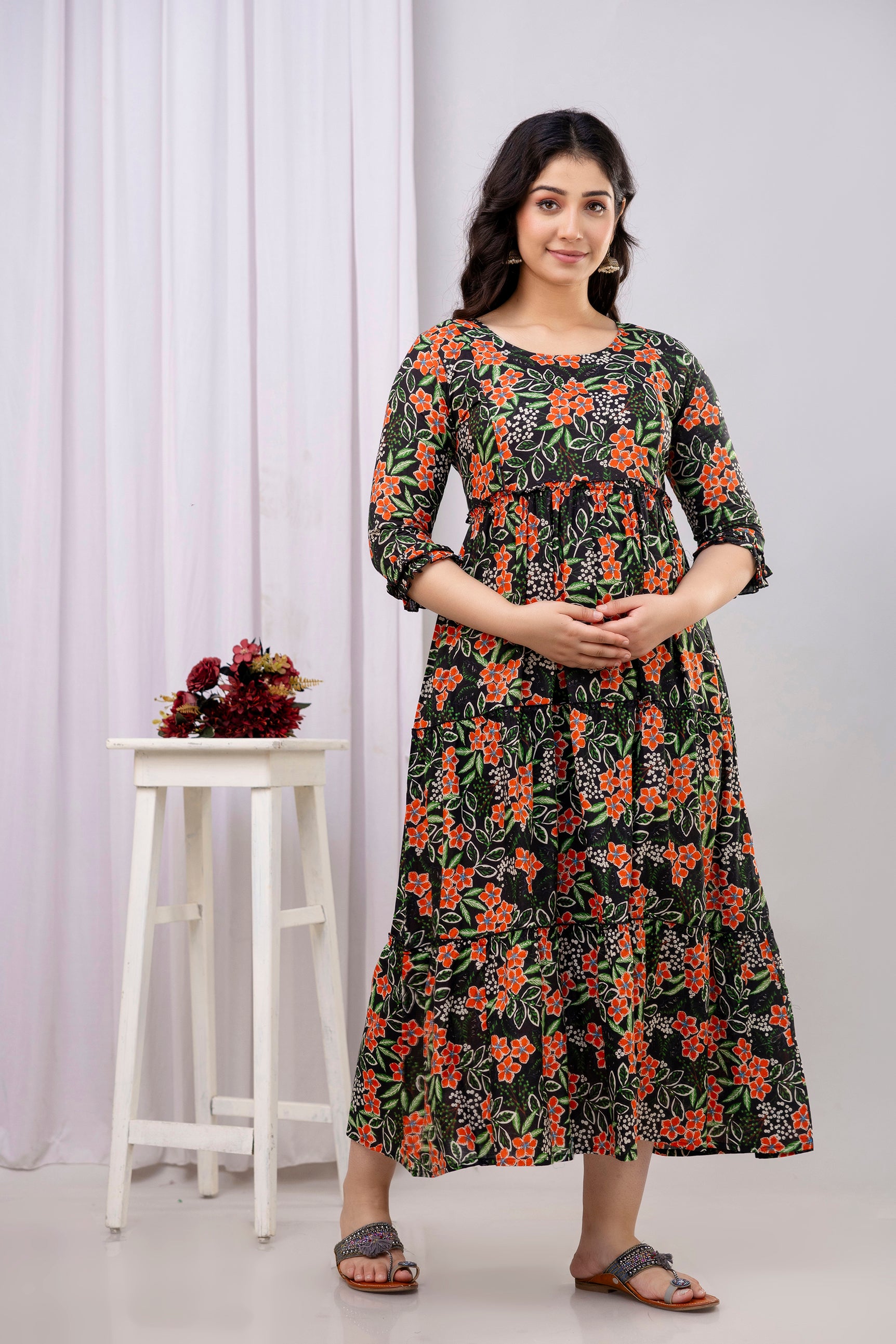 Black Floral Pure Cotton Maternity Dress | Feeding Friendly Comfortable Pregnancy Wear - HENAL