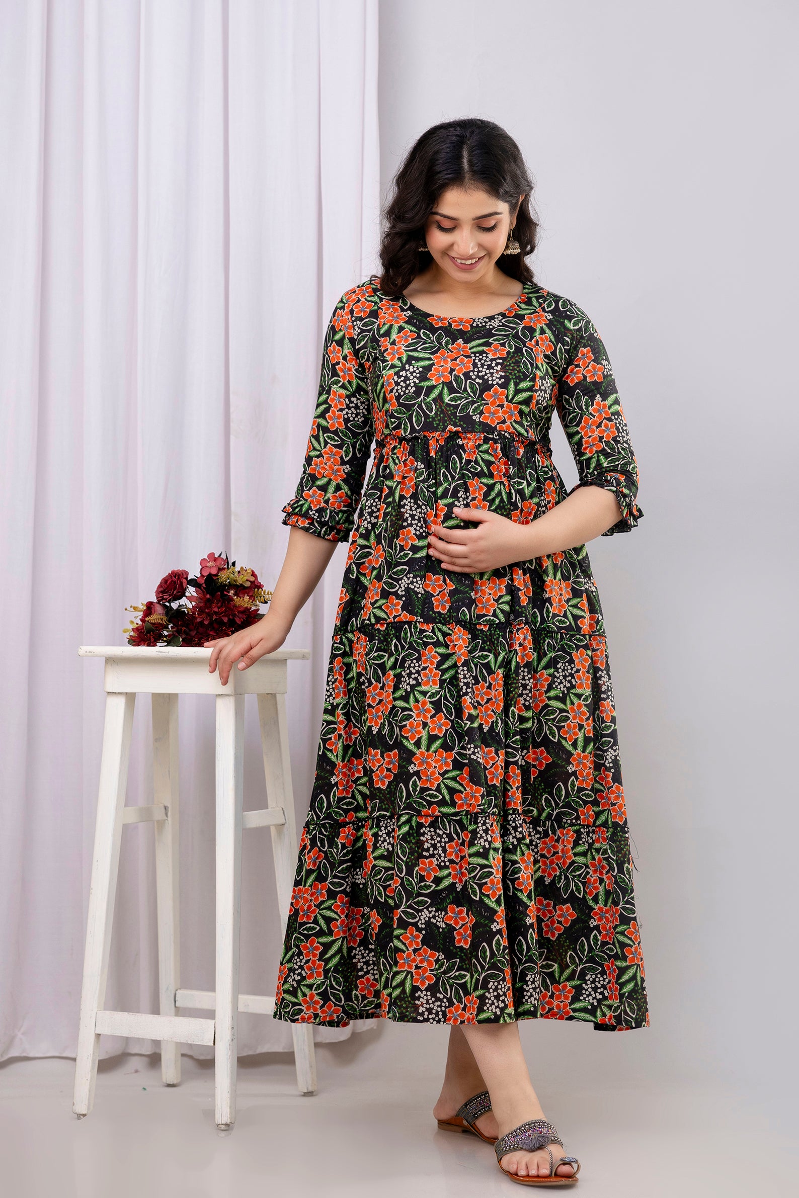 Black Floral Pure Cotton Maternity Dress | Feeding Friendly Comfortable Pregnancy Wear - HENAL
