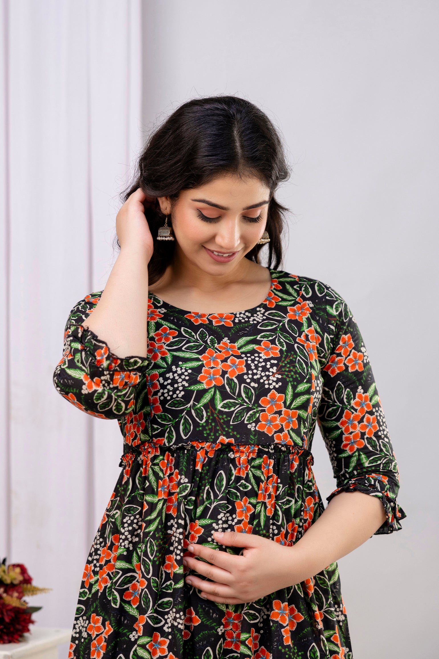 Black Floral Pure Cotton Maternity Dress | Feeding Friendly Comfortable Pregnancy Wear - HENAL