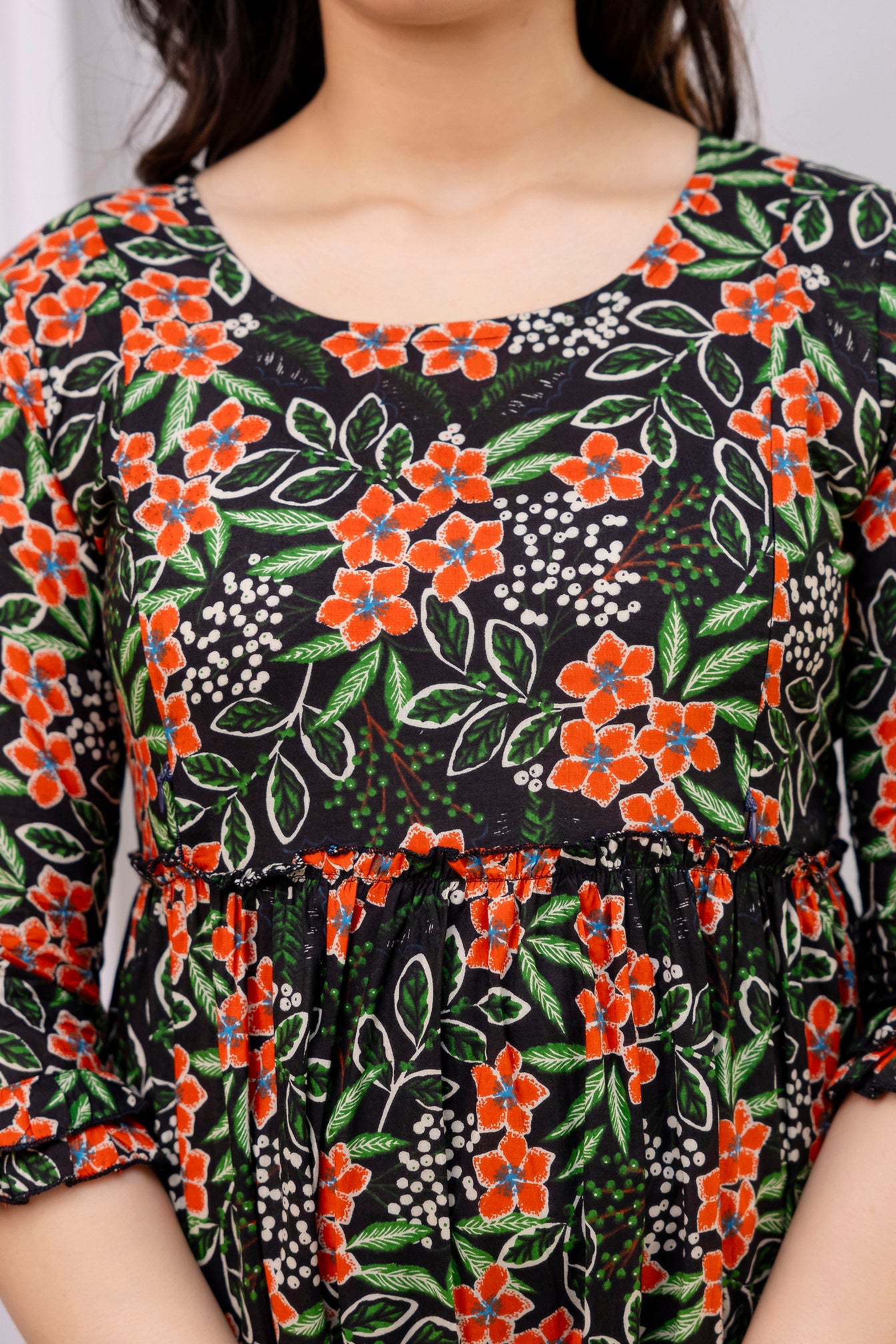 Black Floral Pure Cotton Maternity Dress | Feeding Friendly Comfortable Pregnancy Wear - HENAL