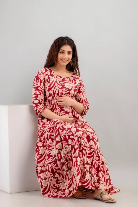 Henal Maroon Floral Cotton Maternity Maxi Dress – Stylish Comfort for Moms-to-Be