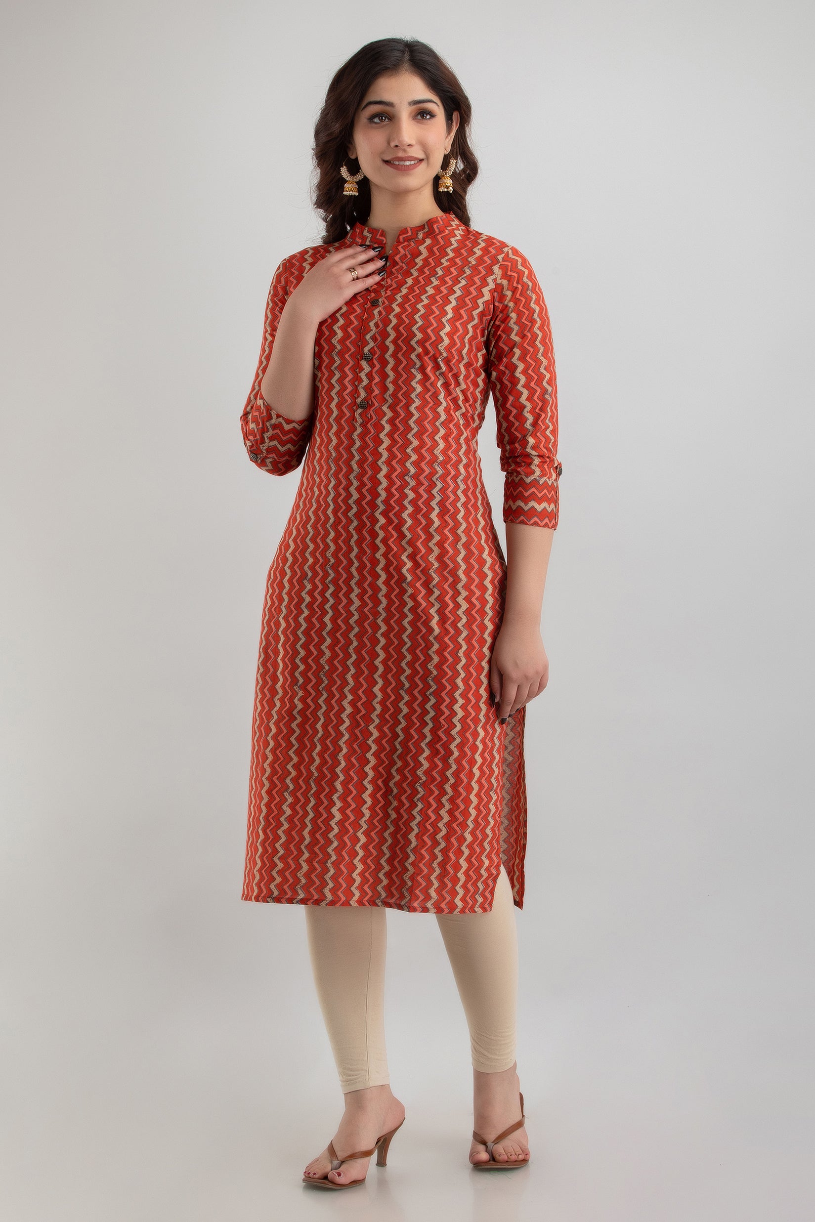 Rust Orange Zigzag Printed Cotton Straight Kurta for Women - HENAL