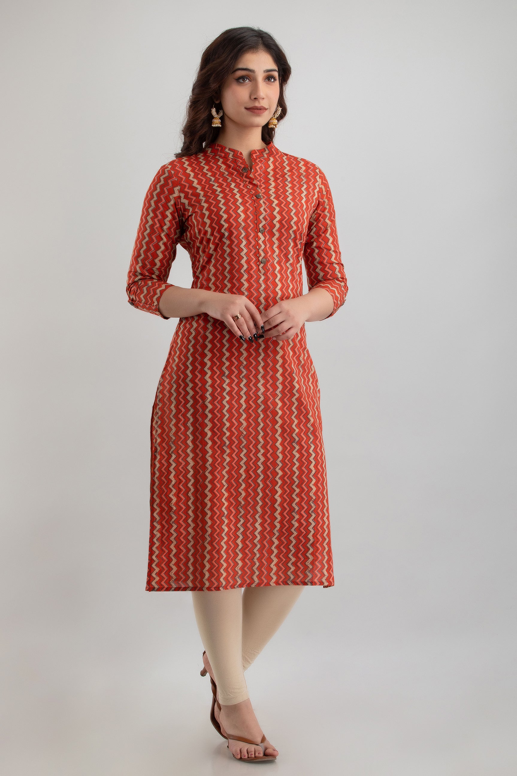 Rust Orange Zigzag Printed Cotton Straight Kurta for Women - HENAL